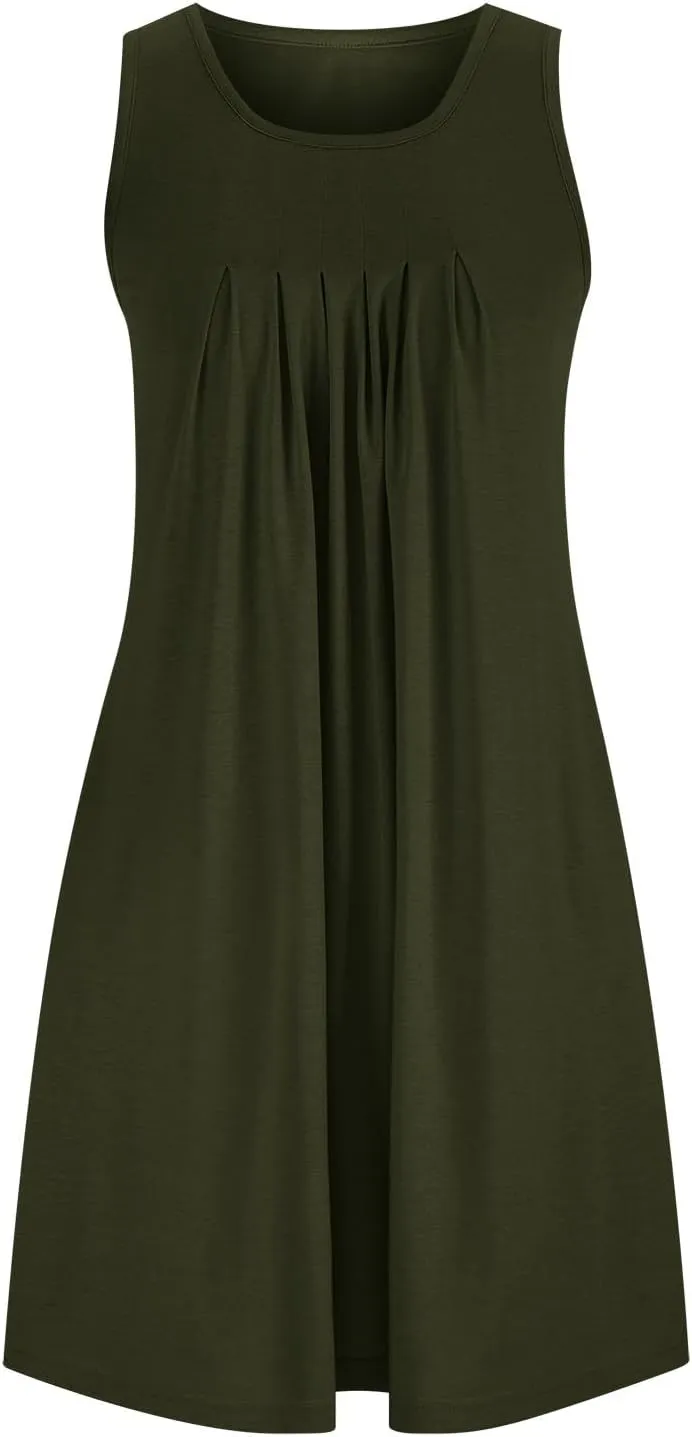 Flowy Dresses for Women Sleeveless Ruched Front T-Shirts Dress Halter Solid Casual Short Tank Sundress with Pockets