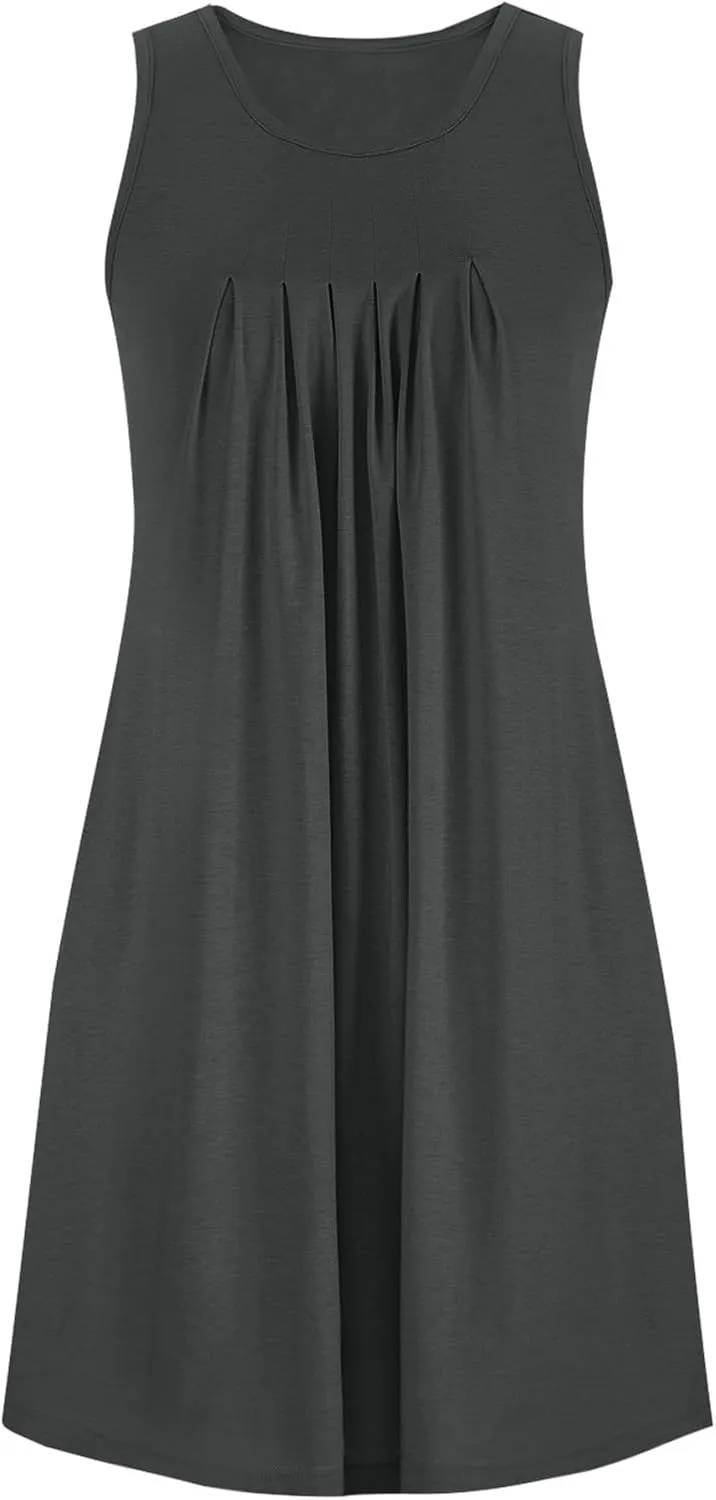 Flowy Dresses for Women Sleeveless Ruched Front T-Shirts Dress Halter Solid Casual Short Tank Sundress with Pockets