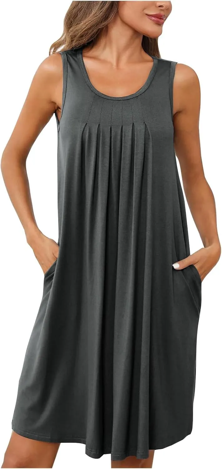 Flowy Dresses for Women Sleeveless Ruched Front T-Shirts Dress Halter Solid Casual Short Tank Sundress with Pockets