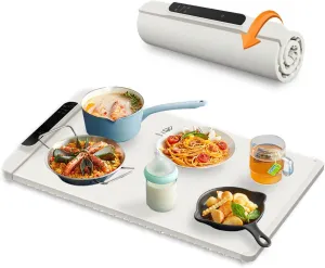 Food Warming Mat with Accurate Temperature Screen Fast Heating Silicone Electric Warming Tray, Raised Feet Protects Table, Roll Up Buffet Hot Plates Heat Pad, Portable Food Warmer (Cream White)