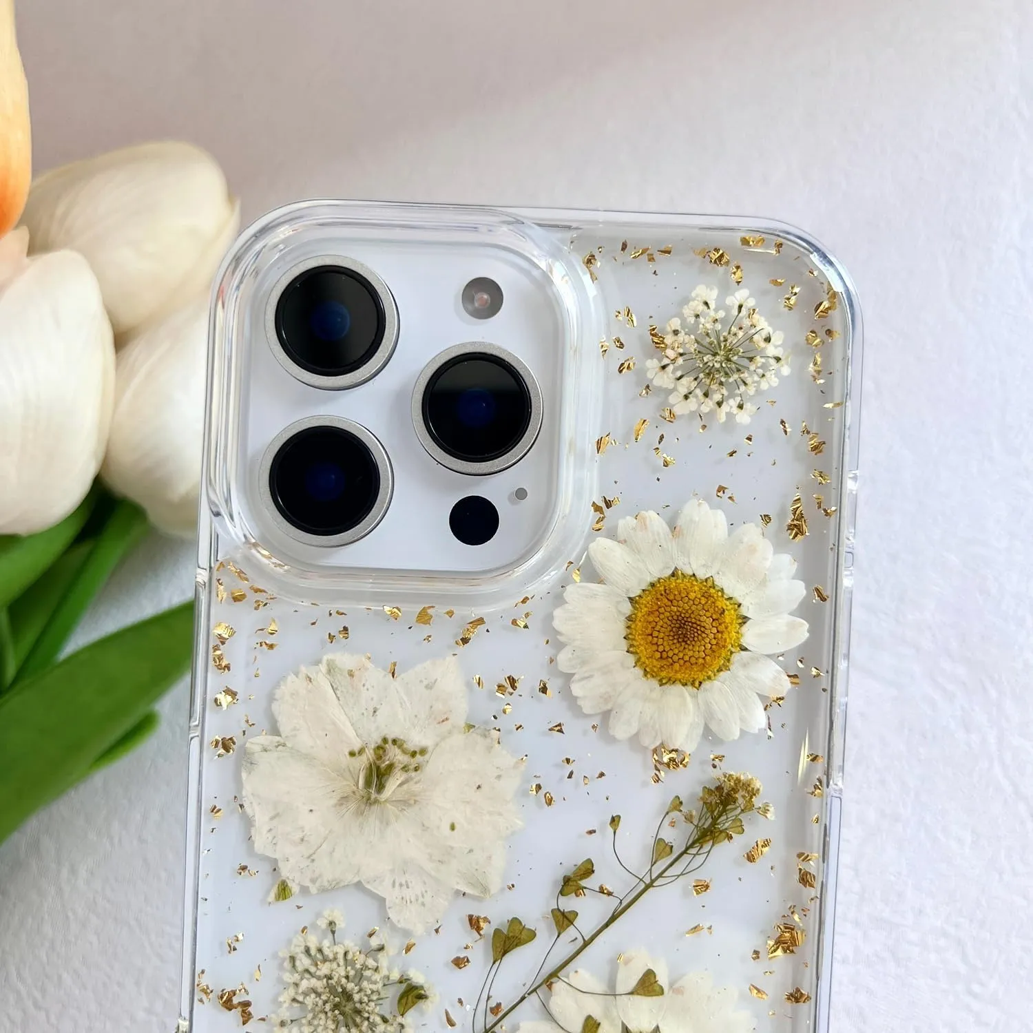 for iPhone 16 Pro Clear Case with Pressed Real Flowers Design,Glitter Cute White Floral Pattern Slim Soft TPU Protective Women Girl's Phone Cover for iPhone 16 Pro