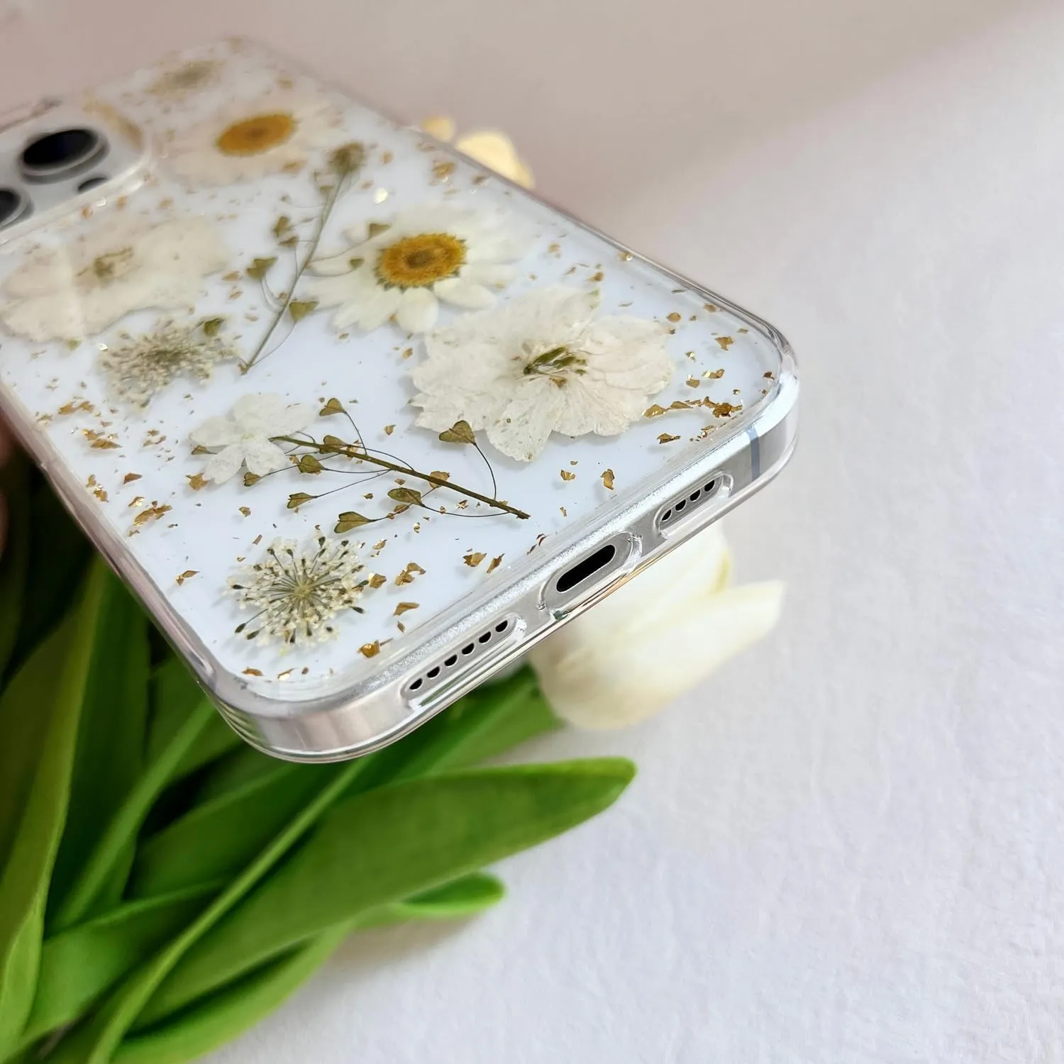 for iPhone 16 Pro Clear Case with Pressed Real Flowers Design,Glitter Cute White Floral Pattern Slim Soft TPU Protective Women Girl's Phone Cover for iPhone 16 Pro