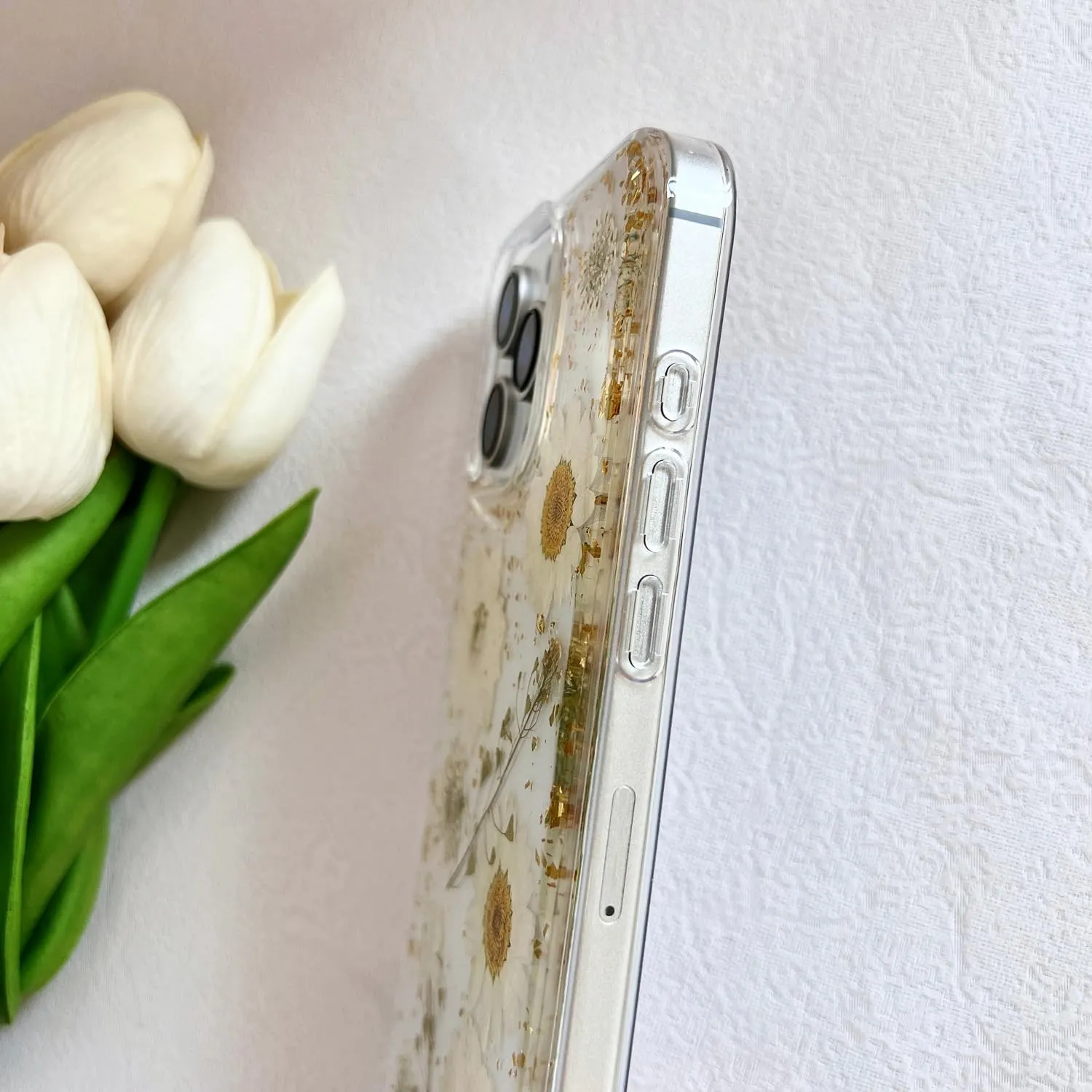 for iPhone 16 Pro Clear Case with Pressed Real Flowers Design,Glitter Cute White Floral Pattern Slim Soft TPU Protective Women Girl's Phone Cover for iPhone 16 Pro