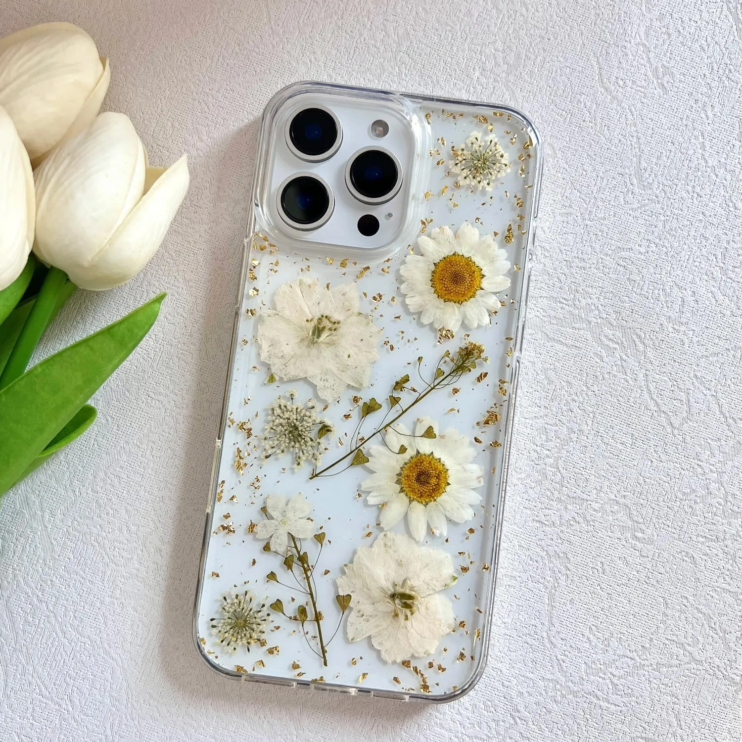 for iPhone 16 Pro Clear Case with Pressed Real Flowers Design,Glitter Cute White Floral Pattern Slim Soft TPU Protective Women Girl's Phone Cover for iPhone 16 Pro