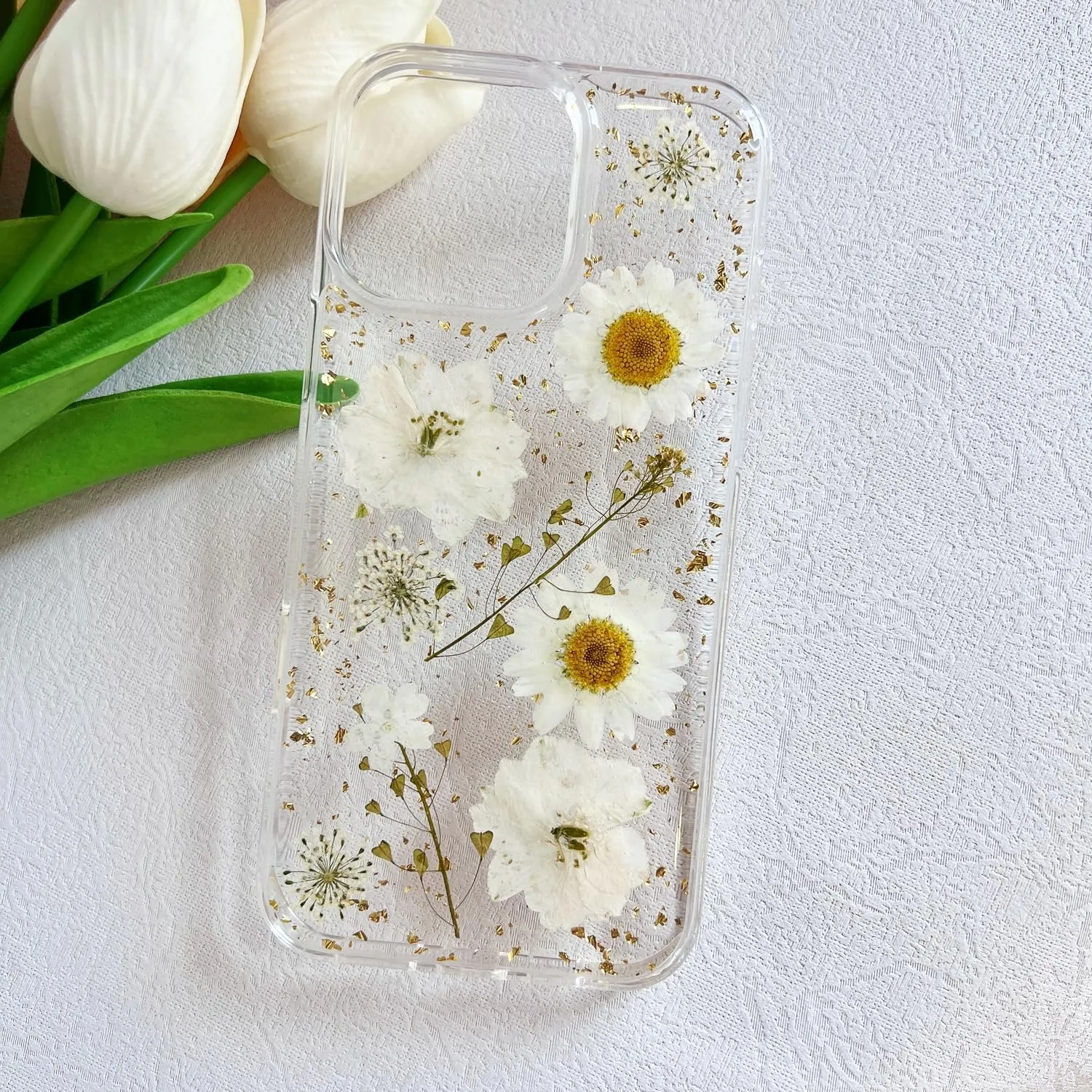 for iPhone 16 Pro Clear Case with Pressed Real Flowers Design,Glitter Cute White Floral Pattern Slim Soft TPU Protective Women Girl's Phone Cover for iPhone 16 Pro