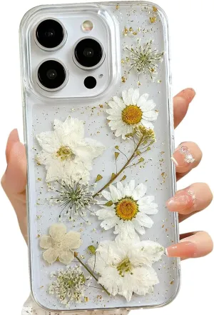 for iPhone 16 Pro Clear Case with Pressed Real Flowers Design,Glitter Cute White Floral Pattern Slim Soft TPU Protective Women Girl's Phone Cover for iPhone 16 Pro