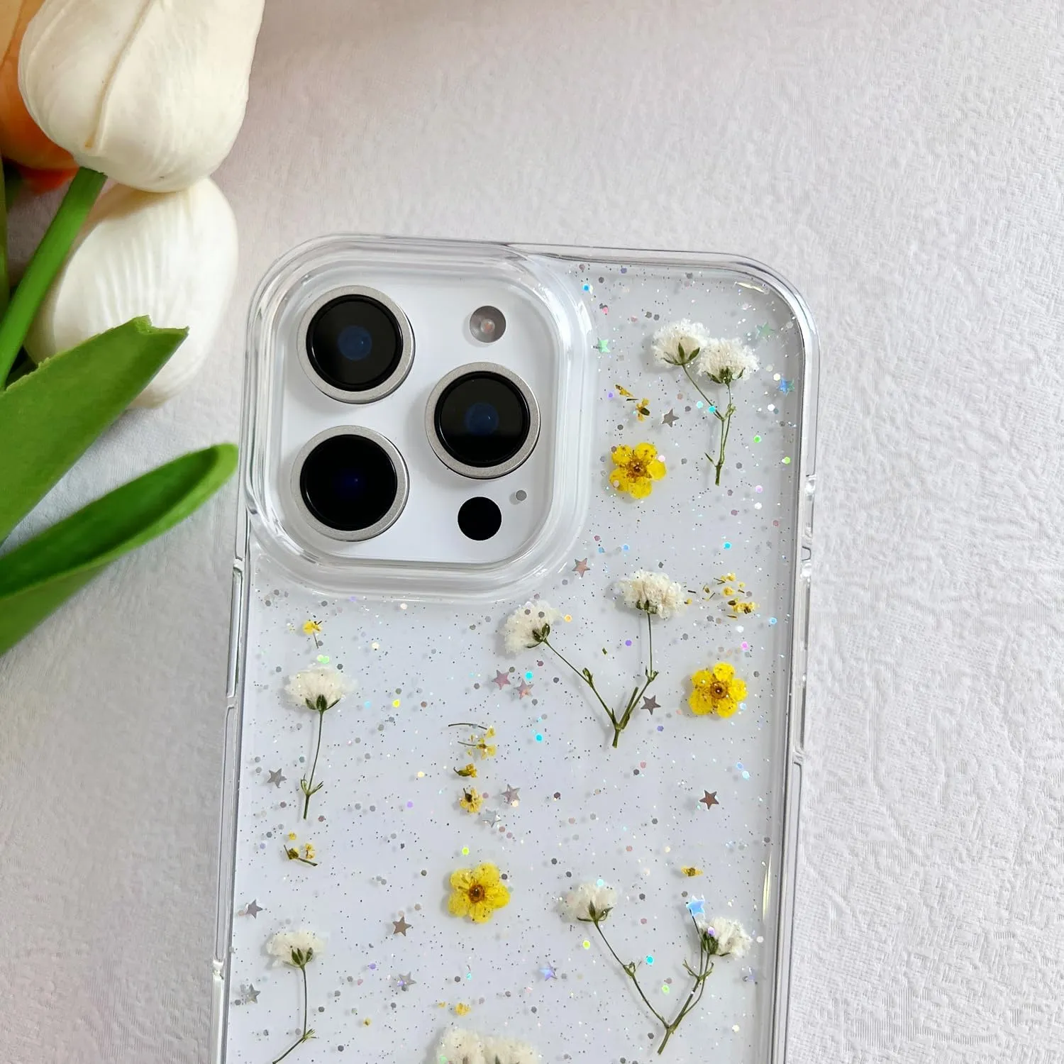 for iPhone 16 Pro Clear Case with Pressed Real Flowers Design,Glitter Cute Yellow Floral Pattern Slim Soft TPU Protective Women Girl's Phone Cover for iPhone 16 Pro