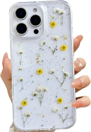 for iPhone 16 Pro Clear Case with Pressed Real Flowers Design,Glitter Cute Yellow Floral Pattern Slim Soft TPU Protective Women Girl's Phone Cover for iPhone 16 Pro