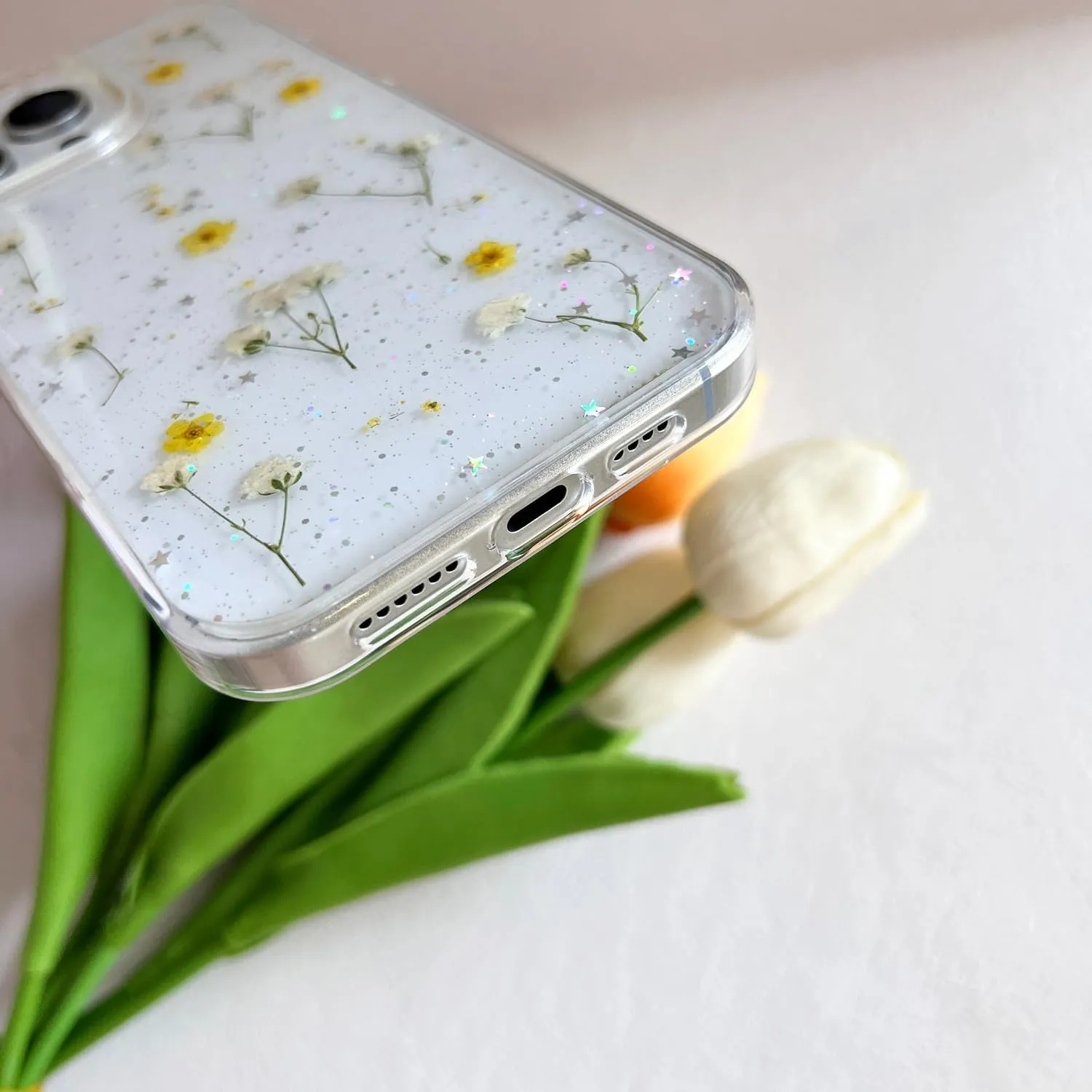 for iPhone 16 Pro Clear Case with Pressed Real Flowers Design,Glitter Cute Yellow Floral Pattern Slim Soft TPU Protective Women Girl's Phone Cover for iPhone 16 Pro