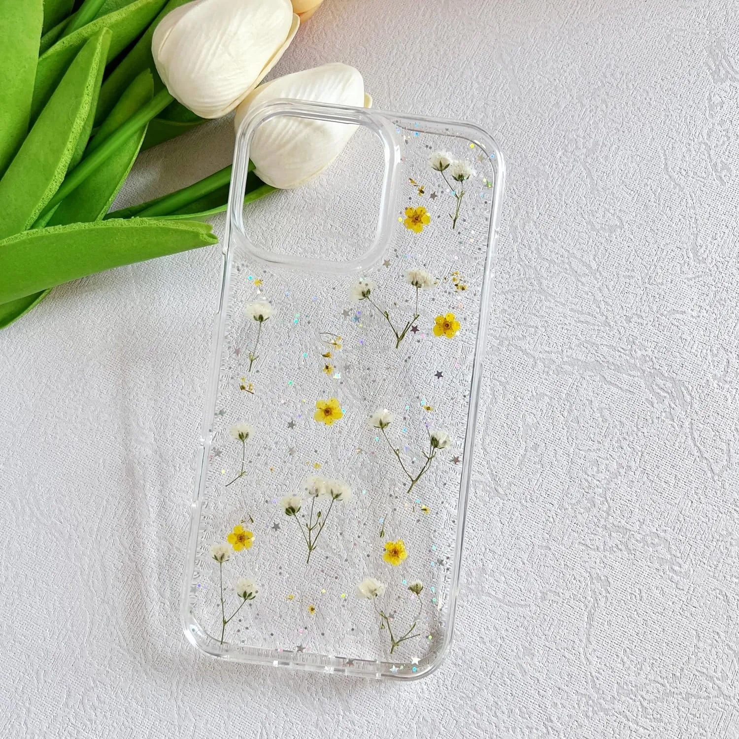 for iPhone 16 Pro Clear Case with Pressed Real Flowers Design,Glitter Cute Yellow Floral Pattern Slim Soft TPU Protective Women Girl's Phone Cover for iPhone 16 Pro