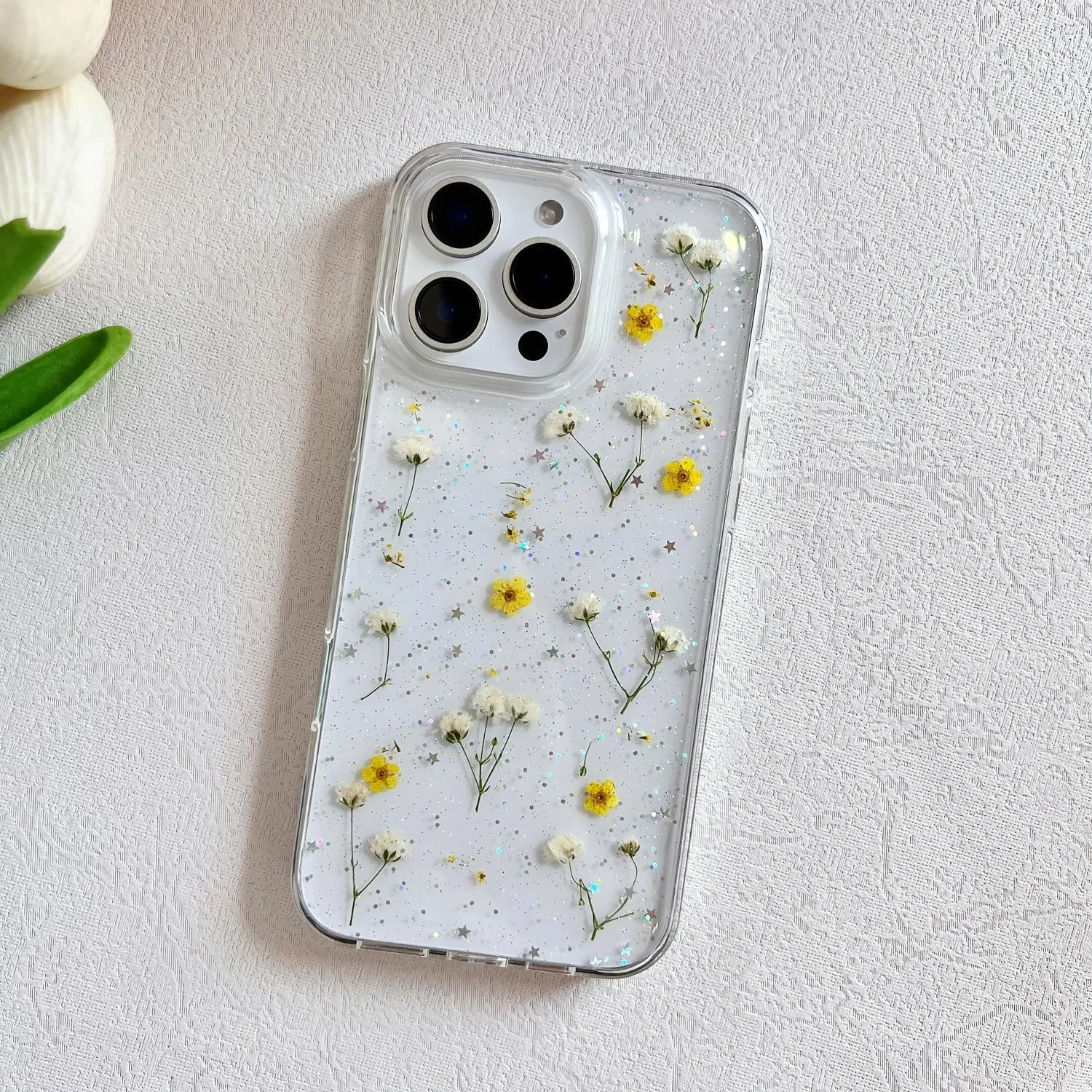 for iPhone 16 Pro Clear Case with Pressed Real Flowers Design,Glitter Cute Yellow Floral Pattern Slim Soft TPU Protective Women Girl's Phone Cover for iPhone 16 Pro