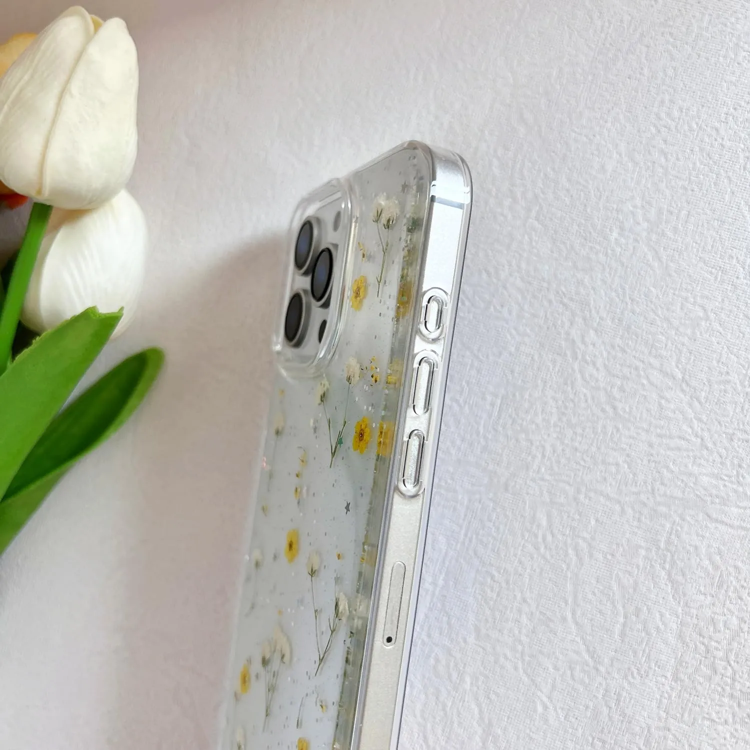 for iPhone 16 Pro Clear Case with Pressed Real Flowers Design,Glitter Cute Yellow Floral Pattern Slim Soft TPU Protective Women Girl's Phone Cover for iPhone 16 Pro