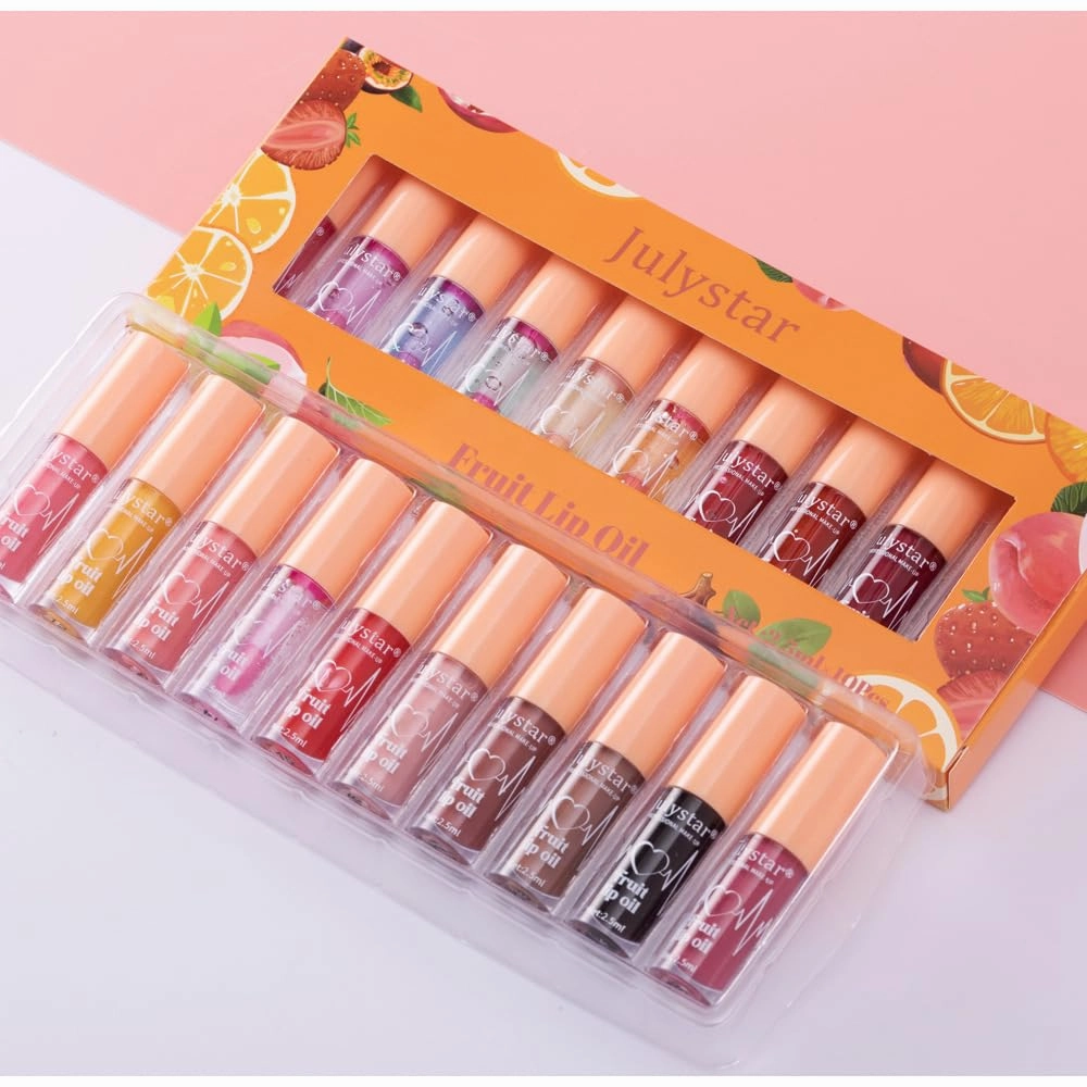 Fruit Lip Oil - Moisturizing Lip Gloss with Various Flavors, Glossy, Dewy, and Hydrating - Temperature Changing & Fruity Scented Lip Care - 10pcs Set (Red, M)