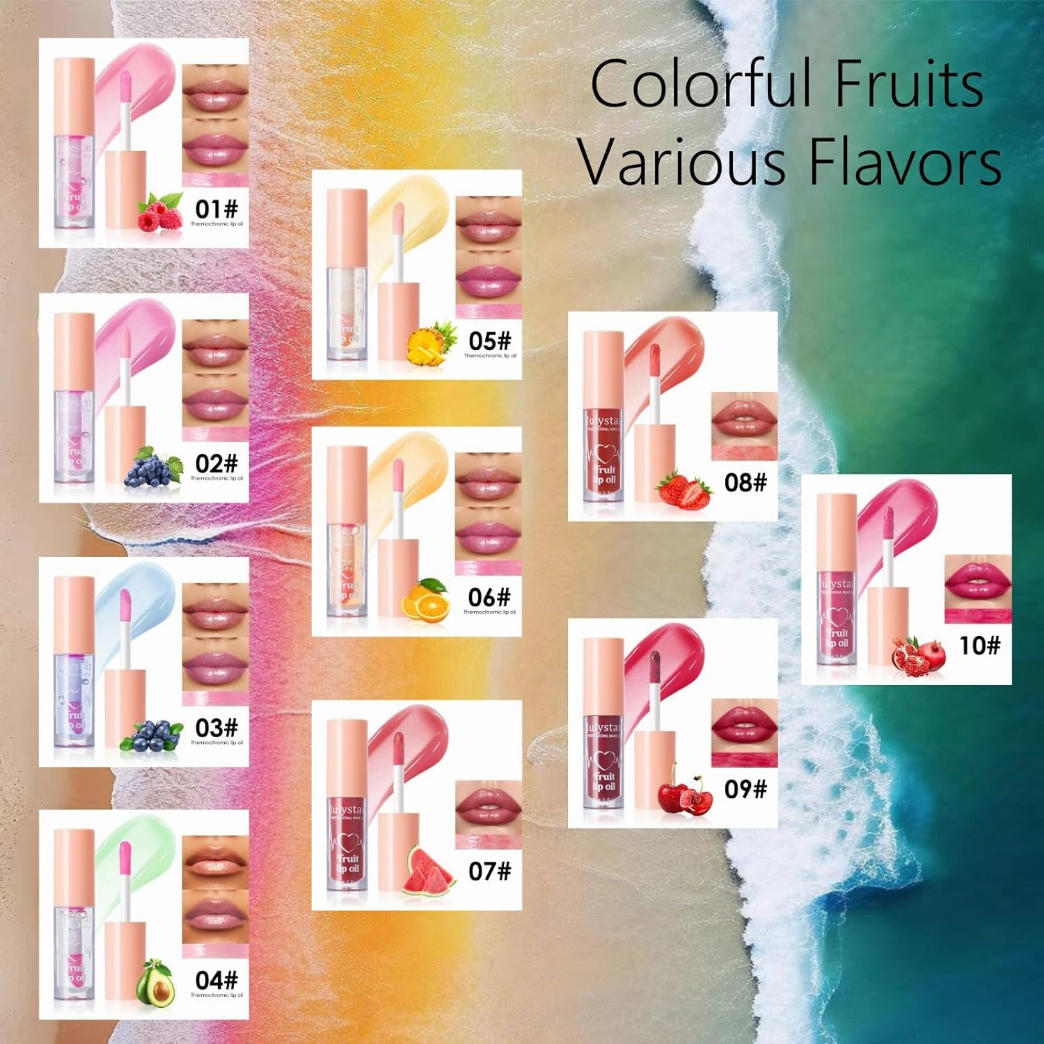 Fruit Lip Oil - Moisturizing Lip Gloss with Various Flavors, Glossy, Dewy, and Hydrating - Temperature Changing & Fruity Scented Lip Care - 10pcs Set (Red, M)