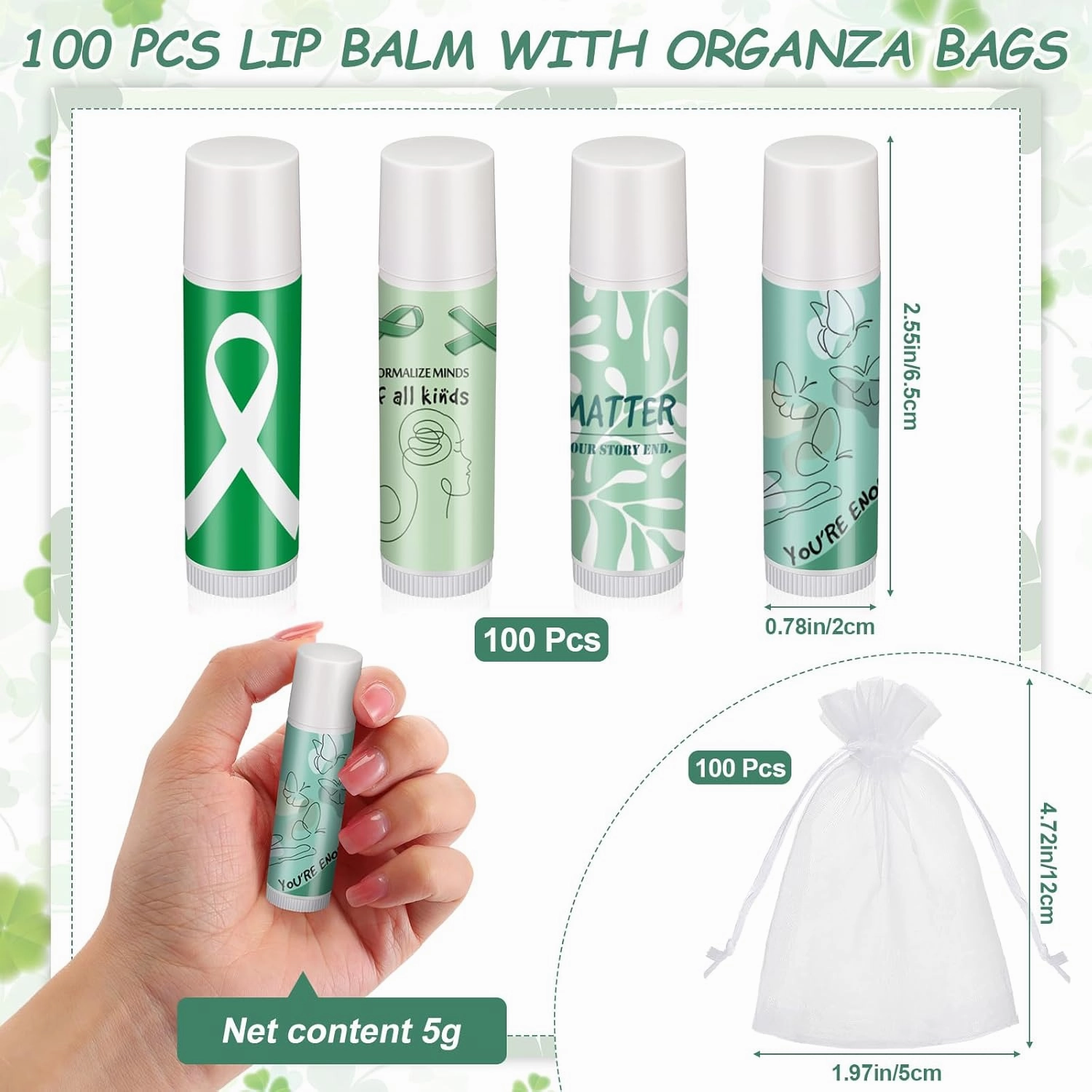 Fumete 50 Pcs Suicide Prevention Mental Health Awareness Lip Balm Bulks Green Purple Teal Ribbon Lip Balm Gift for Suicide Prevention Awareness Inspirational Favor(Mental Health)
