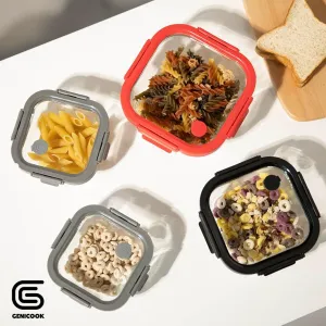 GC Glass Food Storage Containers with Pro Grade Locking Glass Lids, Vent and Removeable Lockdown Levers, Square Shape - 8 pc Set (4 Containers -4 Matching Lids)