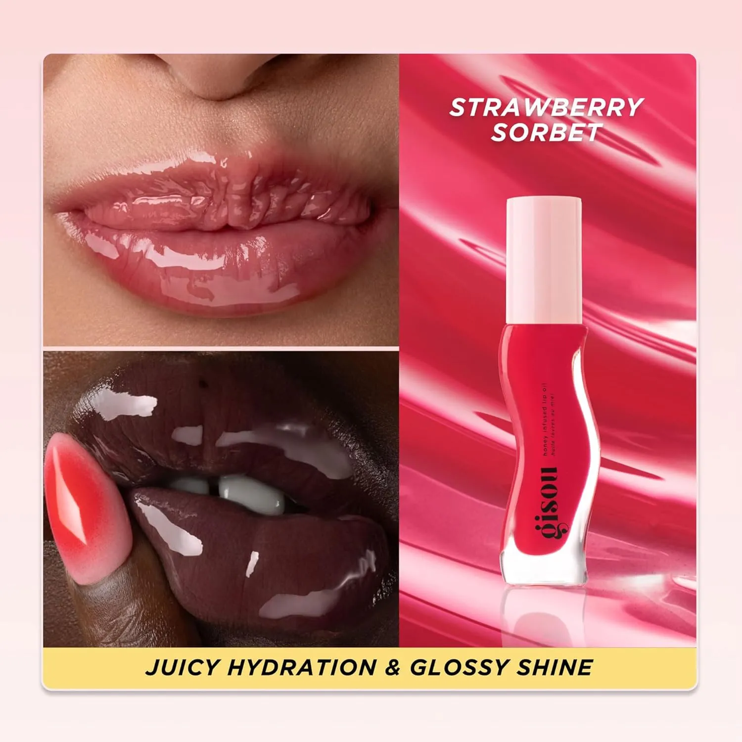 Gisou Honey Infused Hydrating Lip Oil, Nourishing Lip Moisturizer for Dry Lips, High Shine, Smooth Finish, Sheer Pinky Red Shade, Juicy Strawberry Scent, Strawberry Sorbet, 8ml
