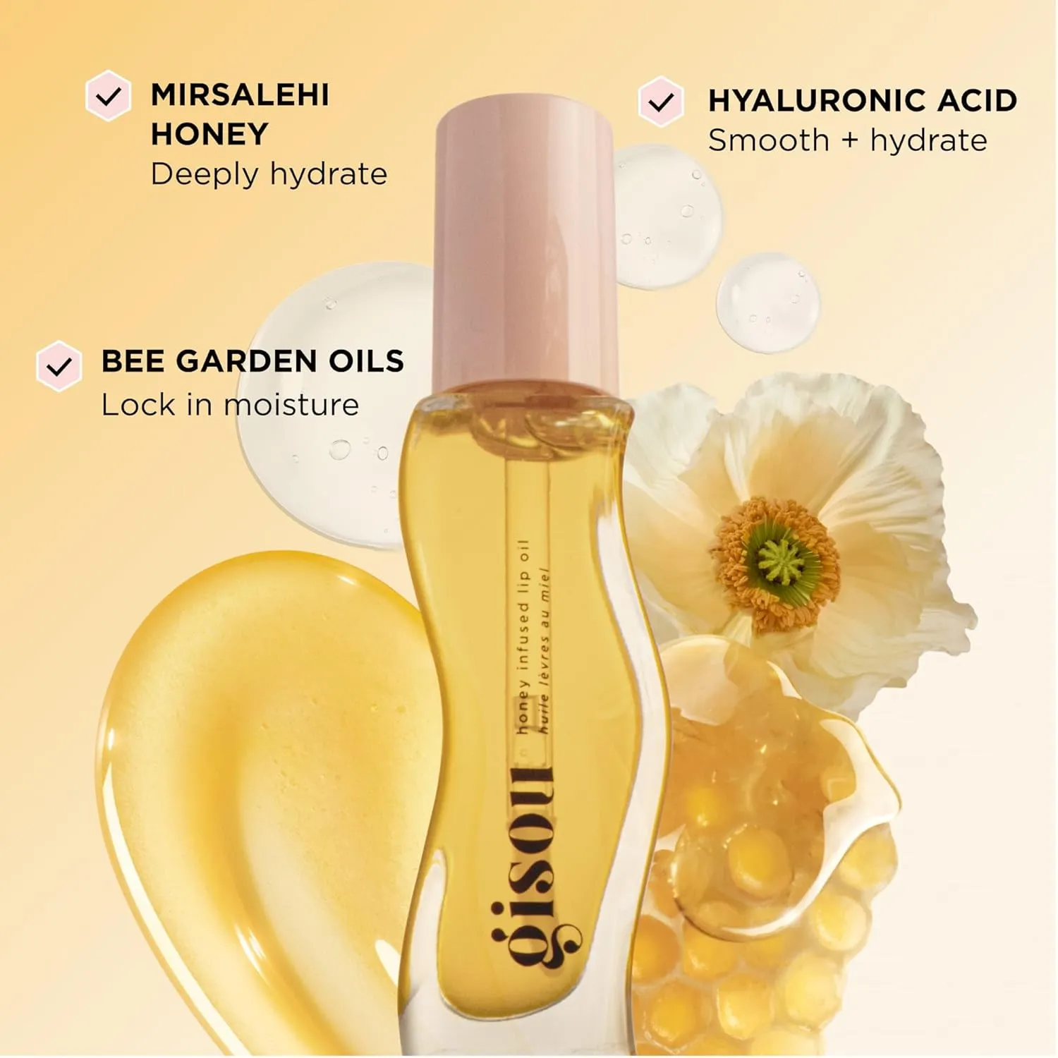 Gisou Honey Infused Hydrating Lip Oil, Nourishing Moisturizer for Dry Lips, High Shine, Smooth Finish, Clear Golden Glow, Fresh Honey Scent, 8ml