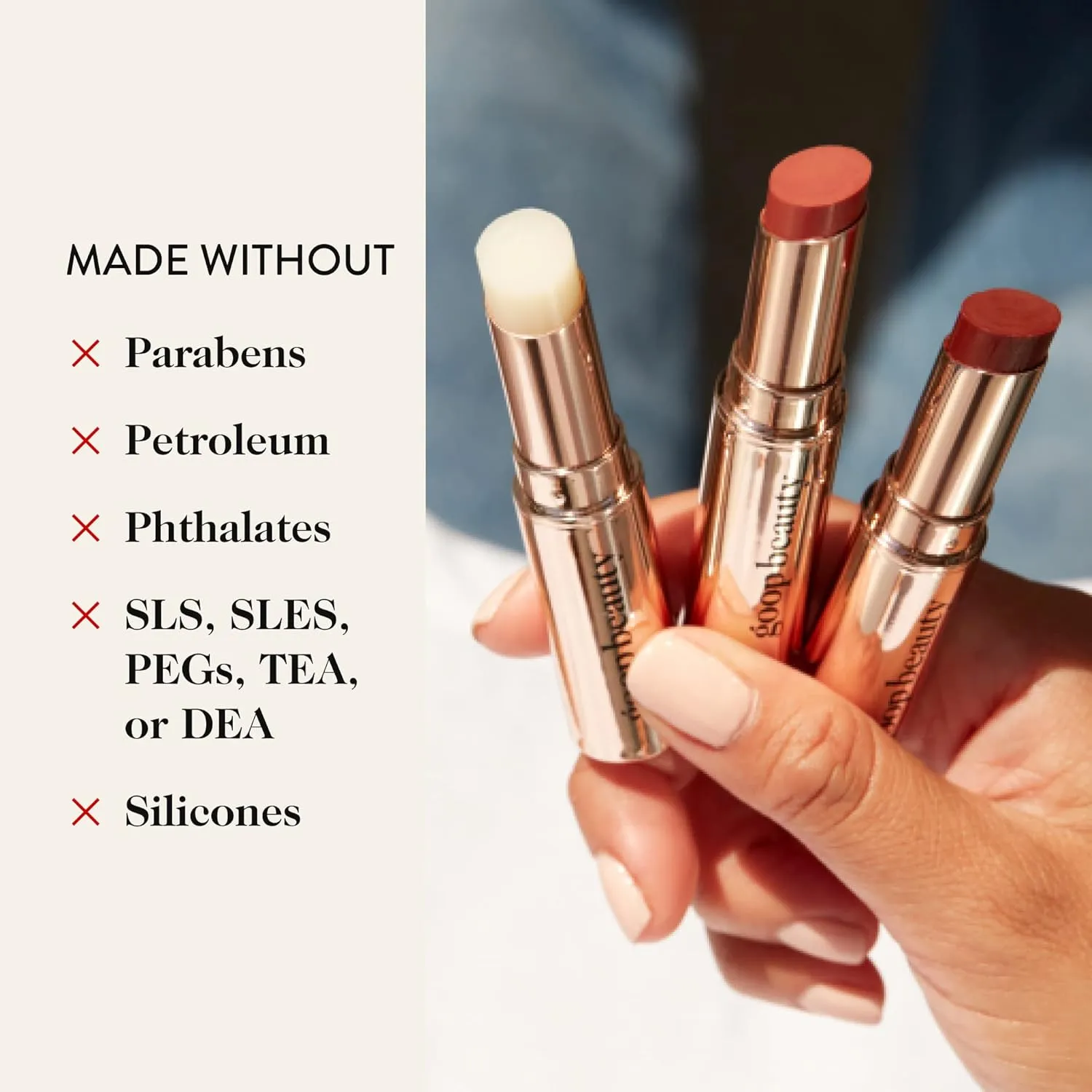 goop Beauty Lip Balm Trio | Clean Moisturizer for Chapped, Cracked & Dry Lips | Clear, Garnet, & Rose | Tinted for Sheer Color | Petroleum Free | 0.16 fl oz Each