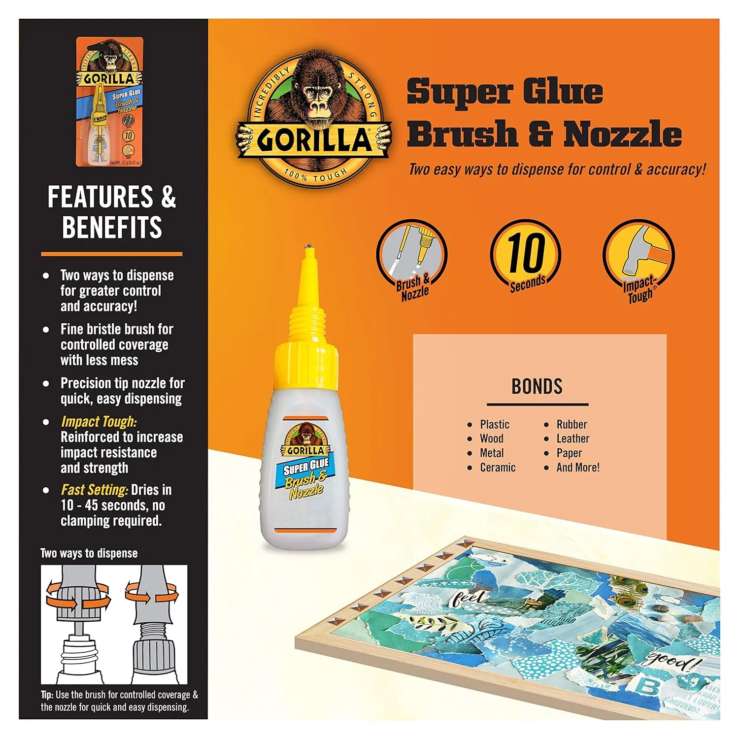 Gorilla Super Glue with Brush & Nozzle Applicator, Clear Glue, 12 Gram (Pack of 2) - All Purpose and Fast Setting for Projects and Repairs