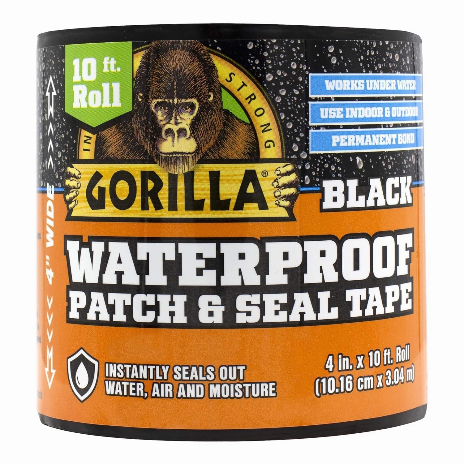 Gorilla Waterproof Patch & Seal Tape, Black Tape, 4" x 10' (Pack of 1) - Permanent Weather Resistant Seal for Leaks and Repairs