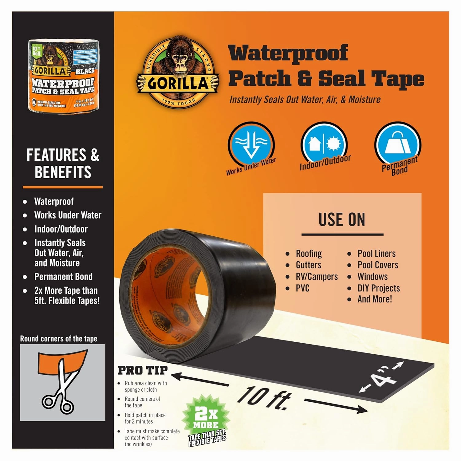Gorilla Waterproof Patch & Seal Tape, Black Tape, 4" x 10' (Pack of 1) - Permanent Weather Resistant Seal for Leaks and Repairs