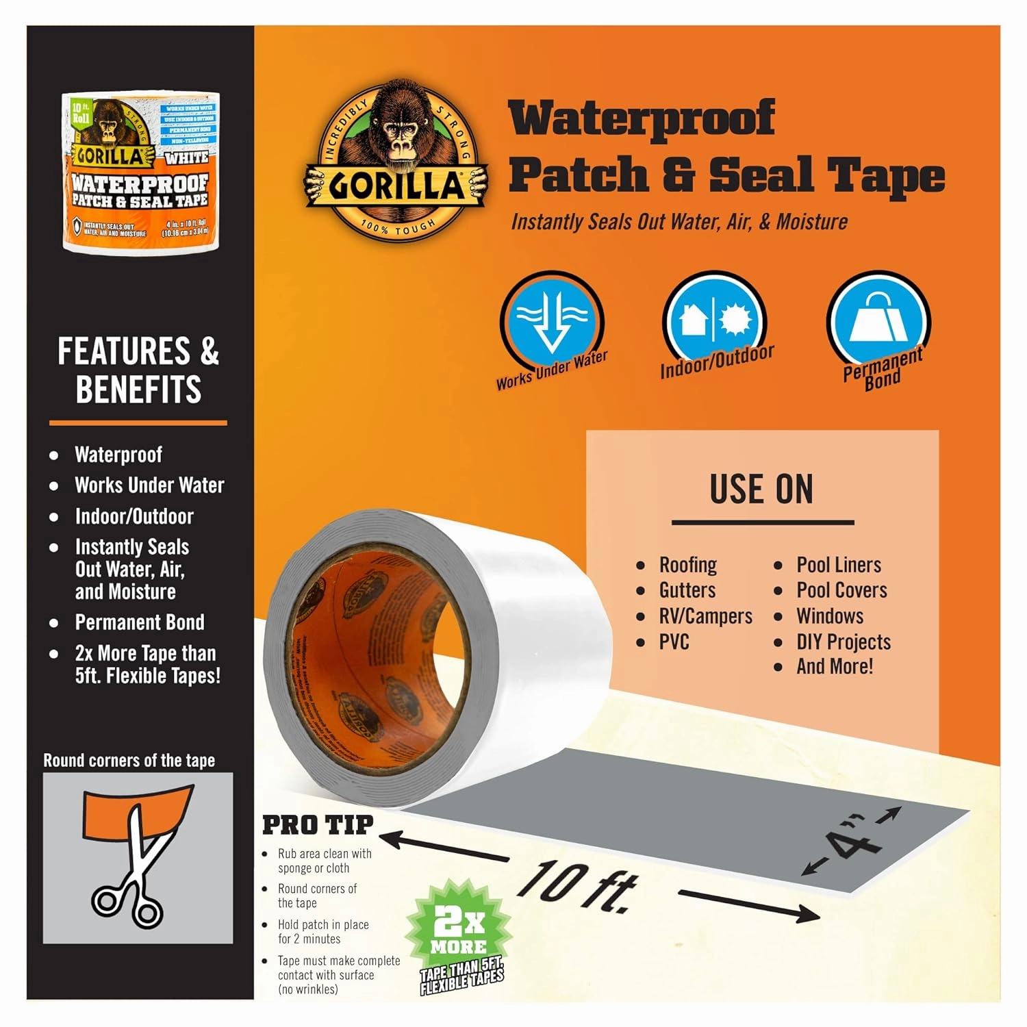 Gorilla Waterproof Patch & Seal Tape, White Tape, 4" x 10' (Pack of 1) - Permanent Weather Resistant Seal for Leaks and Repairs