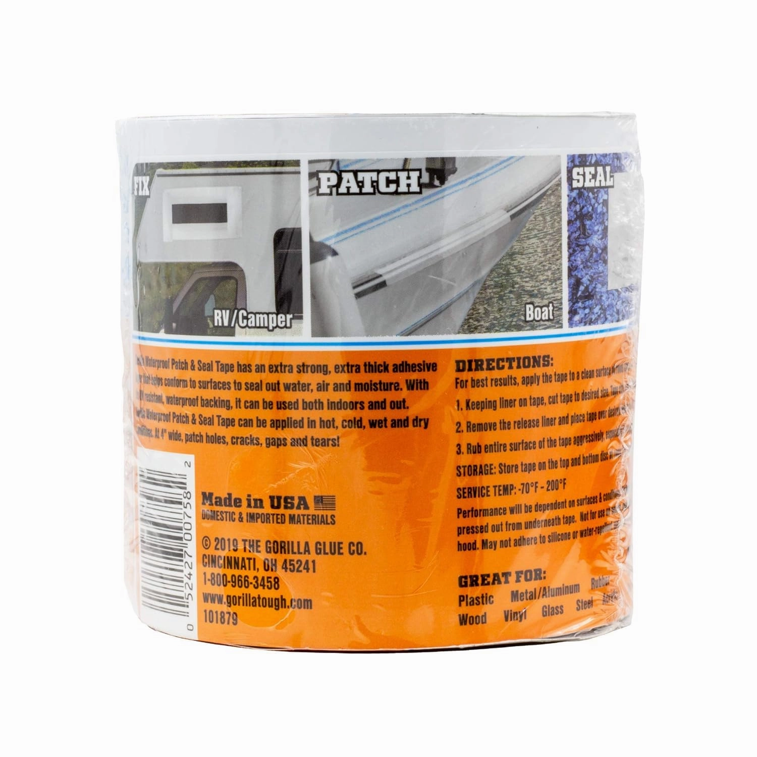 Gorilla Waterproof Patch & Seal Tape, White Tape, 4" x 10' (Pack of 1) - Permanent Weather Resistant Seal for Leaks and Repairs