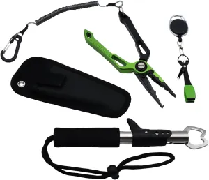 Grip 3 pc Deluxe Fly Fishing Tool Set - Multi-Purpose Fishing Pliers, Mono Line Clippers with Retractable Carabiner, Fish Lip Grippers