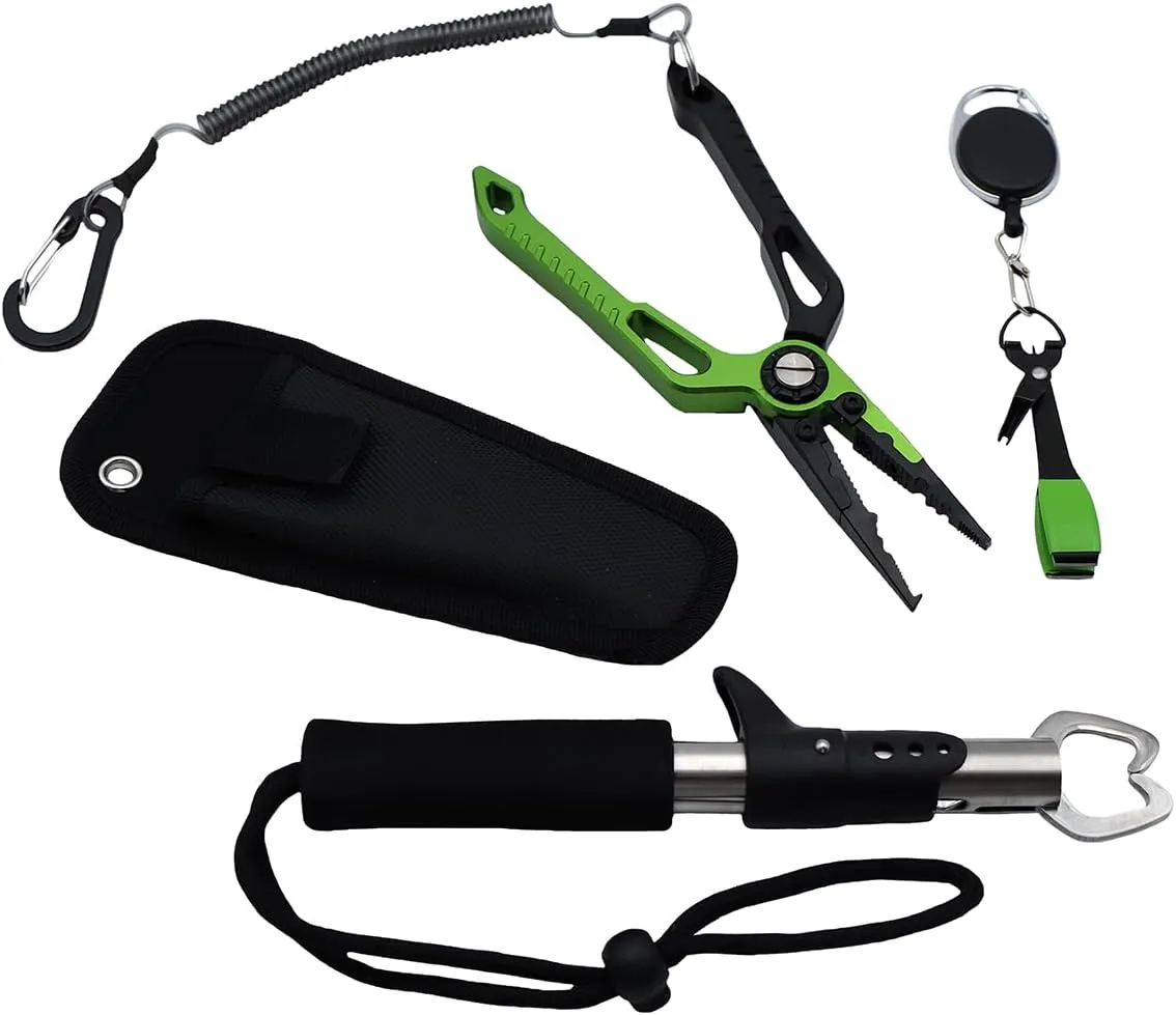 Grip 3 pc Deluxe Fly Fishing Tool Set - Multi-Purpose Fishing Pliers, Mono Line Clippers with Retractable Carabiner, Fish Lip Grippers