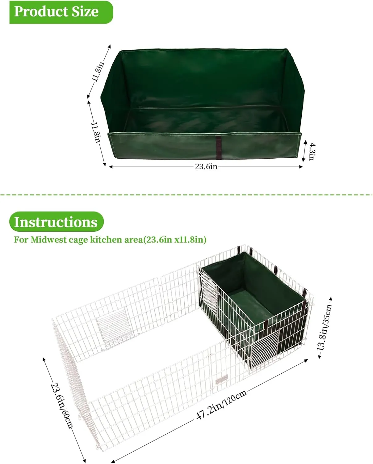 Guinea Pig Cage Liner, Litter Box & Hay Feedder for Guinea Pig Rabbits Hamsters Hedgehogs Ferrets and Other Small Animals. for Midwest Cage Kitchen 24"X13", Green