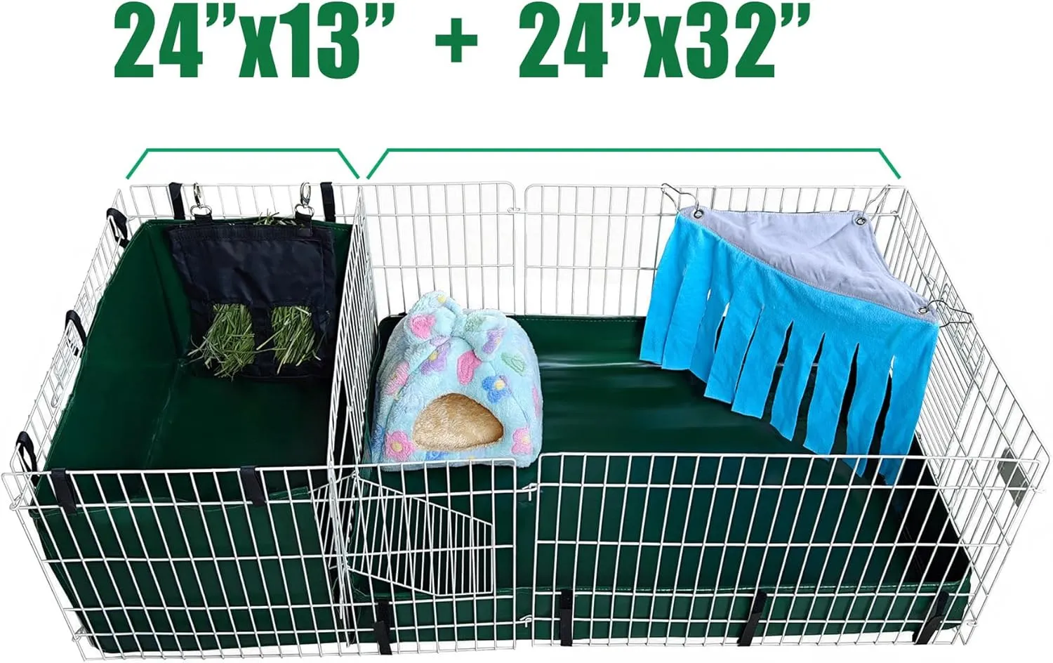 Guinea Pig Cage Liner, Litter Box & Hay Feedder for Guinea Pig Rabbits Hamsters Hedgehogs Ferrets and Other Small Animals. for Midwest Cage Kitchen 24"X13", Green