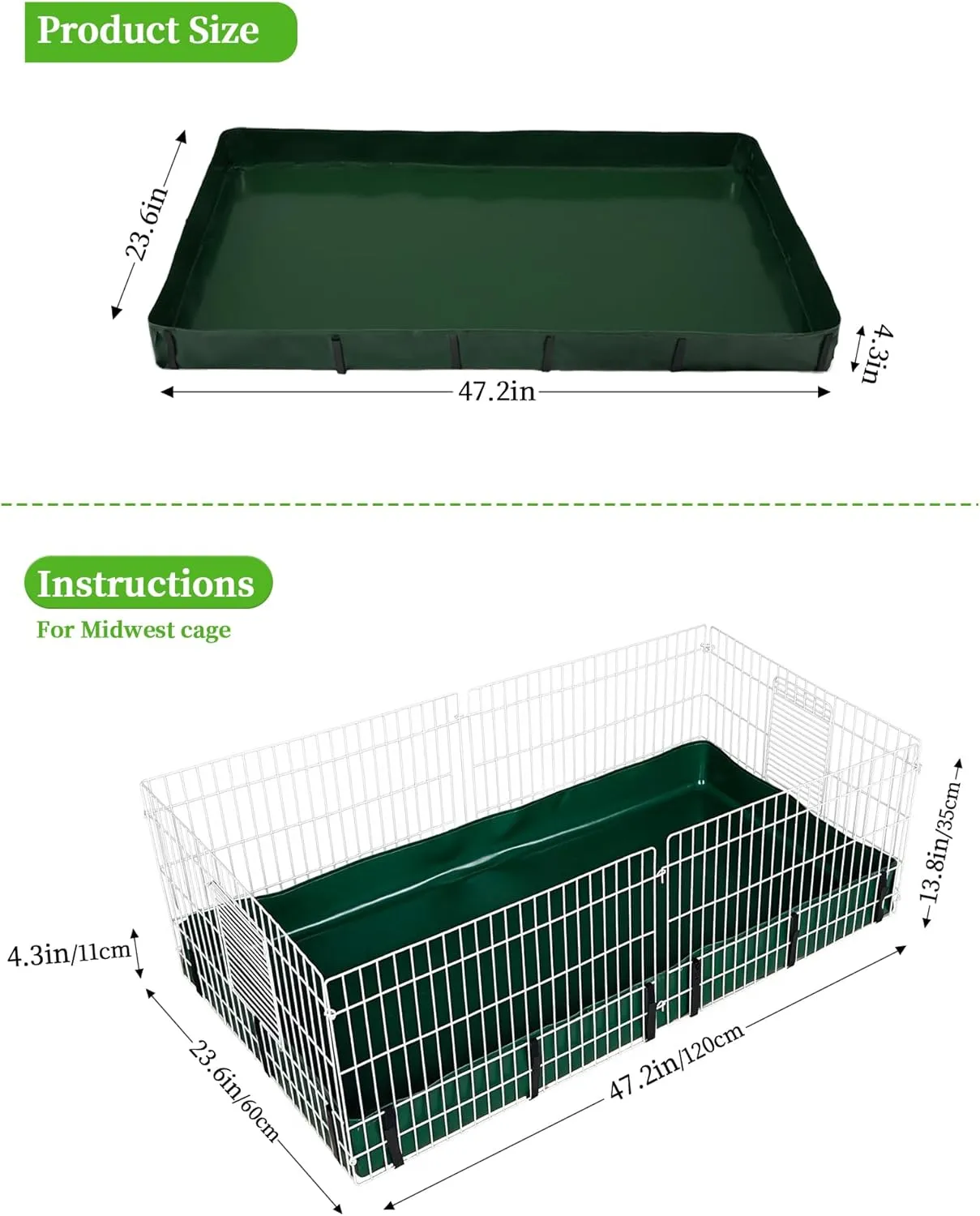 Guinea Pig Cage Liner, Waterproof/Leakproof Base for Guinea Pig Cages. Reusable Bottom for Rabbits Hamsters Hedgehogs and Other Small Animals. for Midwest Cage 24"x47", Green