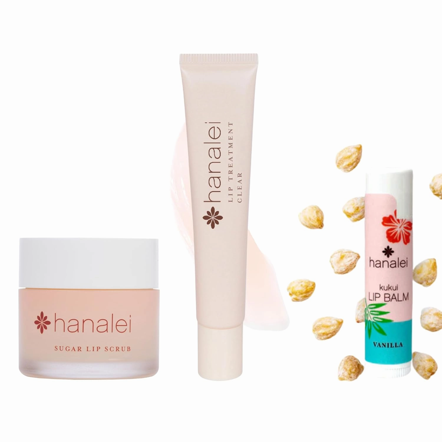 Hanalei Lip Care Bundle - Sugar Lip Scrub, Kukui Oil Lip Treatment in Clear, and Kukui Lip Balm in Vanilla