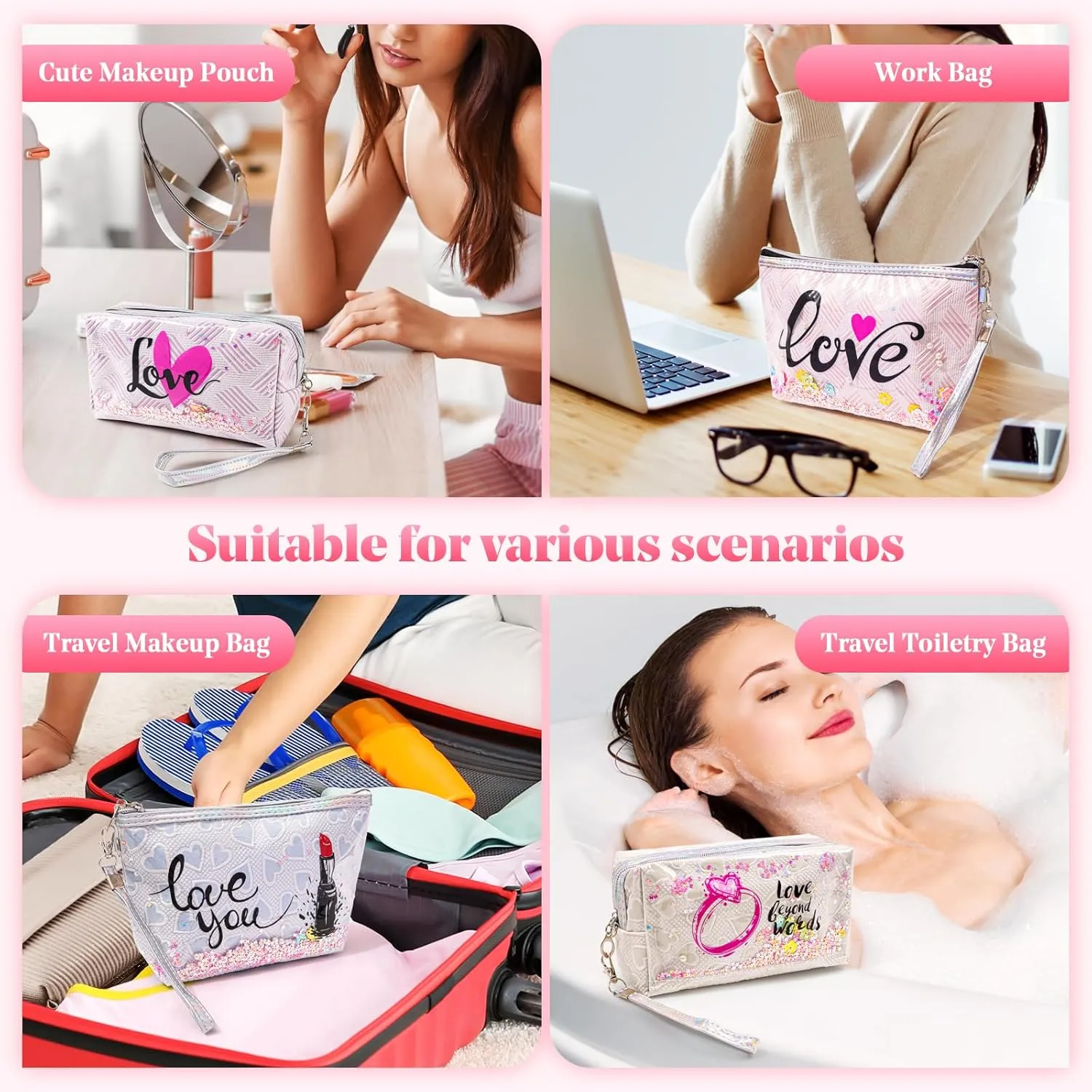 Heart & Love Cosmetic Bag for Women & Girls | Gift-Ready Waterproof PU Leather Makeup Organizer | Travel-Friendly Compact & Large Sizes (7” & 9”)