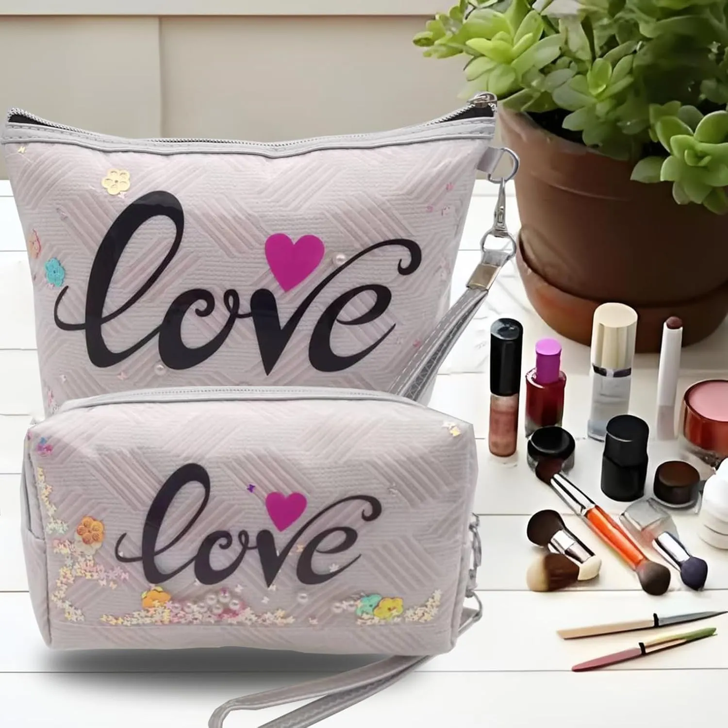 Heart & Love Cosmetic Bag for Women & Girls | Gift-Ready Waterproof PU Leather Makeup Organizer | Travel-Friendly Compact & Large Sizes (7” & 9”)