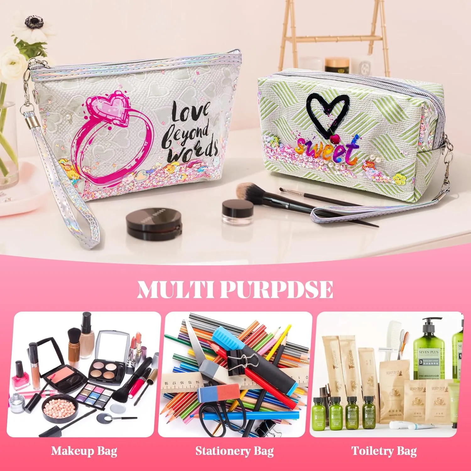Heart & Love Cosmetic Bag for Women & Girls | Gift-Ready Waterproof PU Leather Makeup Organizer | Travel-Friendly Compact & Large Sizes (7” & 9”)