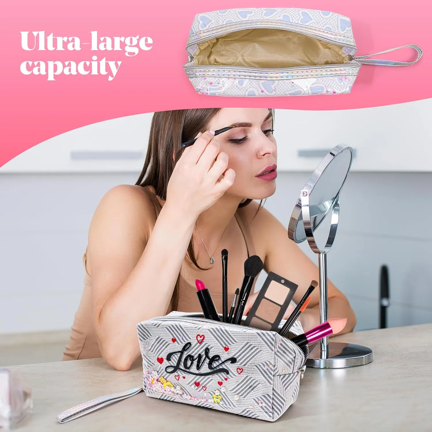 Heart & Love Cosmetic Bag for Women & Girls | Gift-Ready Waterproof PU Leather Makeup Organizer | Travel-Friendly Compact & Large Sizes (7” & 9”)
