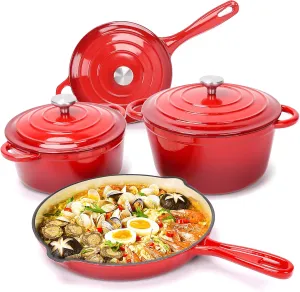 Hisencn Enameled Cast Iron Cookware Set - 7 Piece Set of Dutch Ovens, Sauce Pan, Skillet, 3 Lids, Dutch Oven Set, Ceramic Coated Cast Iron, Heavy Duty, Gas/Induction Compatible, PFA Free, Rouge Red