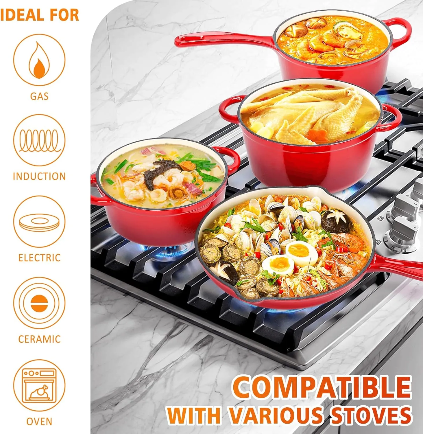 Hisencn Enameled Cast Iron Cookware Set - 7 Piece Set of Dutch Ovens, Sauce Pan, Skillet, 3 Lids, Dutch Oven Set, Ceramic Coated Cast Iron, Heavy Duty, Gas/Induction Compatible, PFA Free, Rouge Red