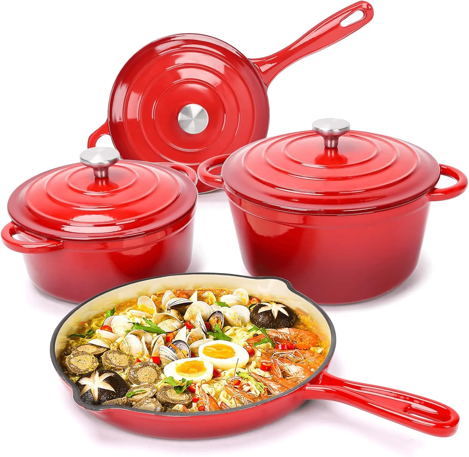 Hisencn Enameled Cast Iron Cookware Set - 7 Piece Set of Dutch Ovens, Sauce Pan, Skillet, 3 Lids, Dutch Oven Set, Ceramic Coated Cast Iron, Heavy Duty, Gas/Induction Compatible, PFA Free, Rouge Red
