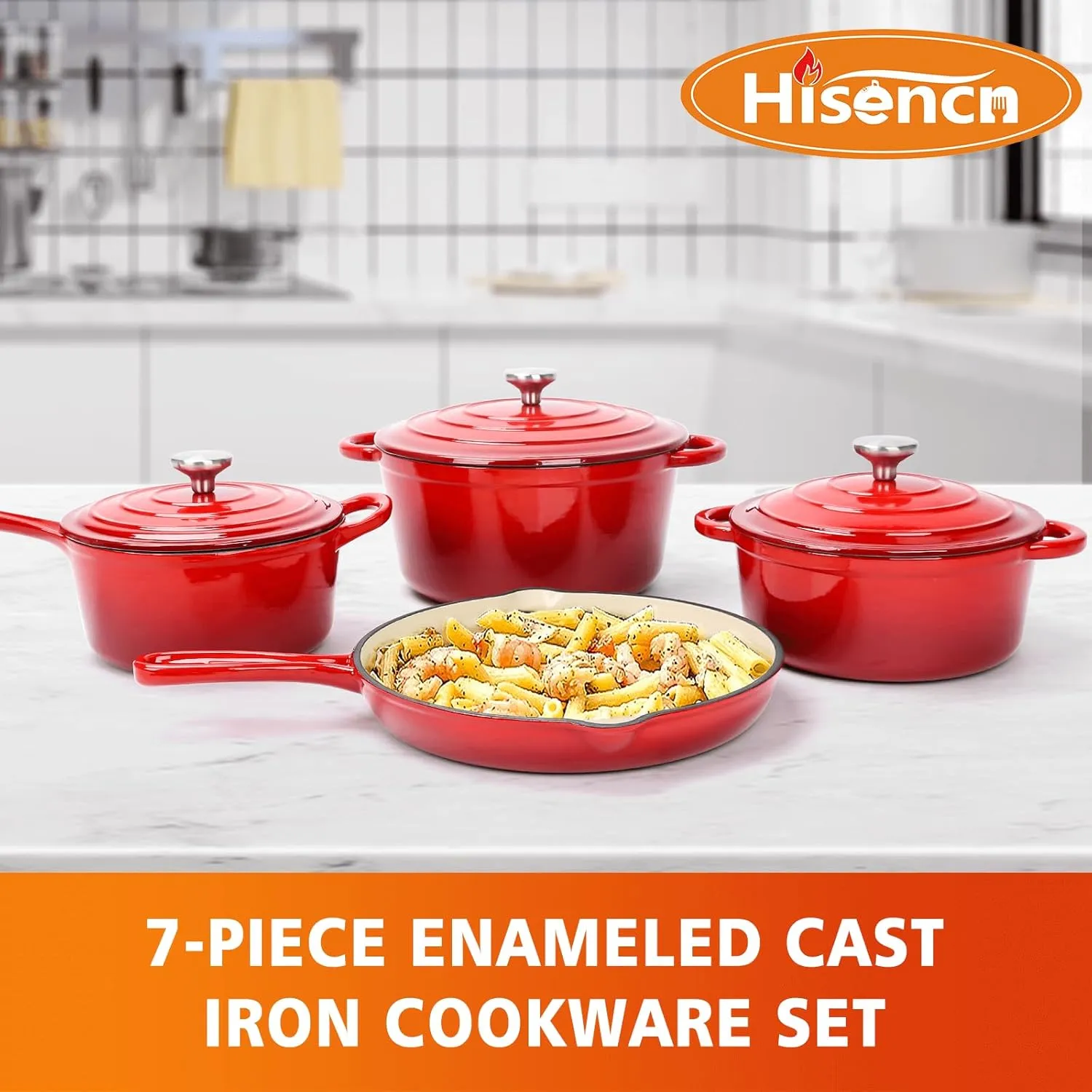 Hisencn Enameled Cast Iron Cookware Set - 7 Piece Set of Dutch Ovens, Sauce Pan, Skillet, 3 Lids, Dutch Oven Set, Ceramic Coated Cast Iron, Heavy Duty, Gas/Induction Compatible, PFA Free, Rouge Red