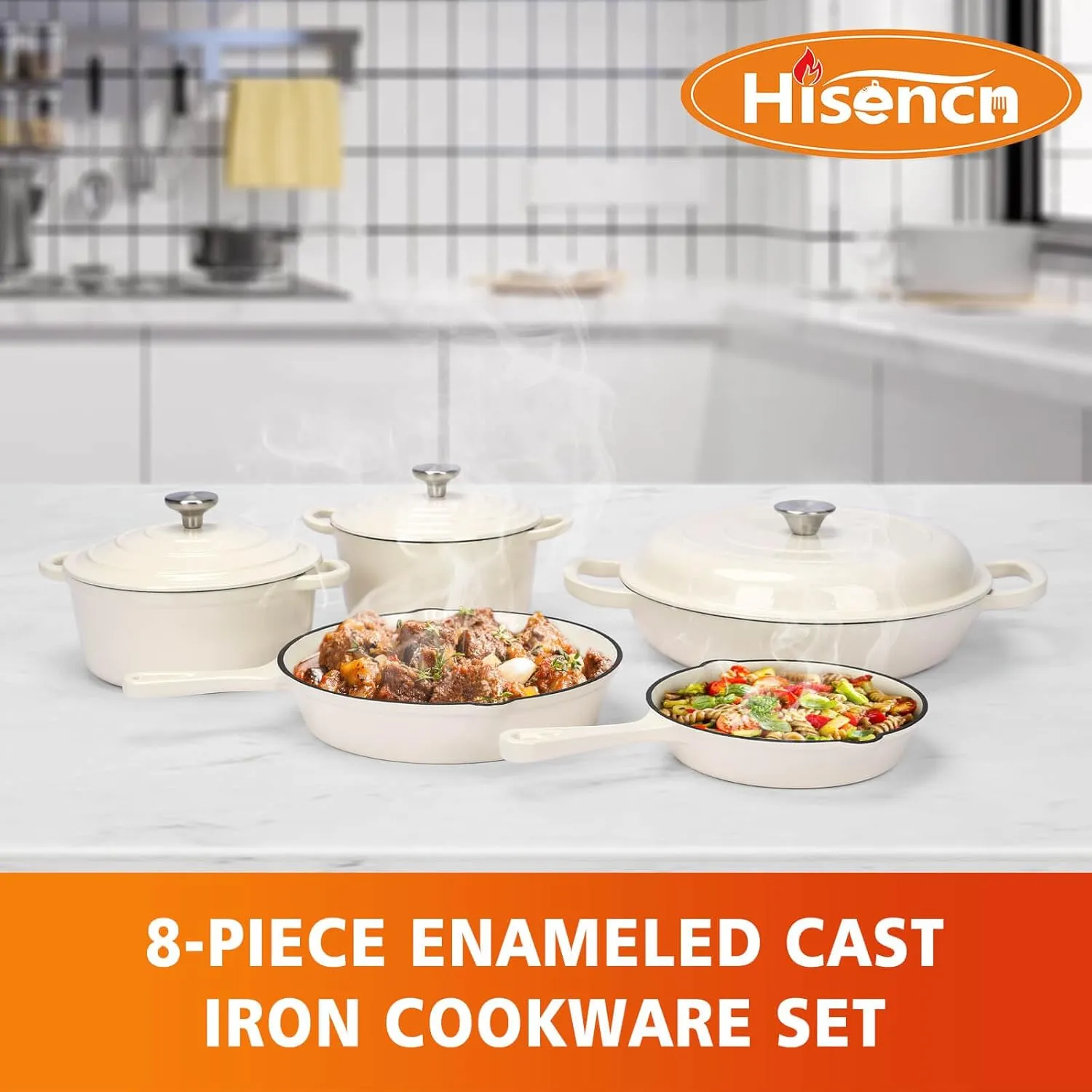 Hisencn Enameled Cast Iron Cookware Set, 8 Piece of Casserole, Dutch Ovens, Skillet and 3 Lids, Ceramic Coated Cast Iron Dutch Oven Set, Gas/Induction Compatible, PFA Free, with Pan Rack, Cream White