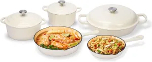 Hisencn Enameled Cast Iron Cookware Set, 8 Piece of Casserole, Dutch Ovens, Skillet and 3 Lids, Ceramic Coated Cast Iron Dutch Oven Set, Gas/Induction Compatible, PFA Free, with Pan Rack, Cream White