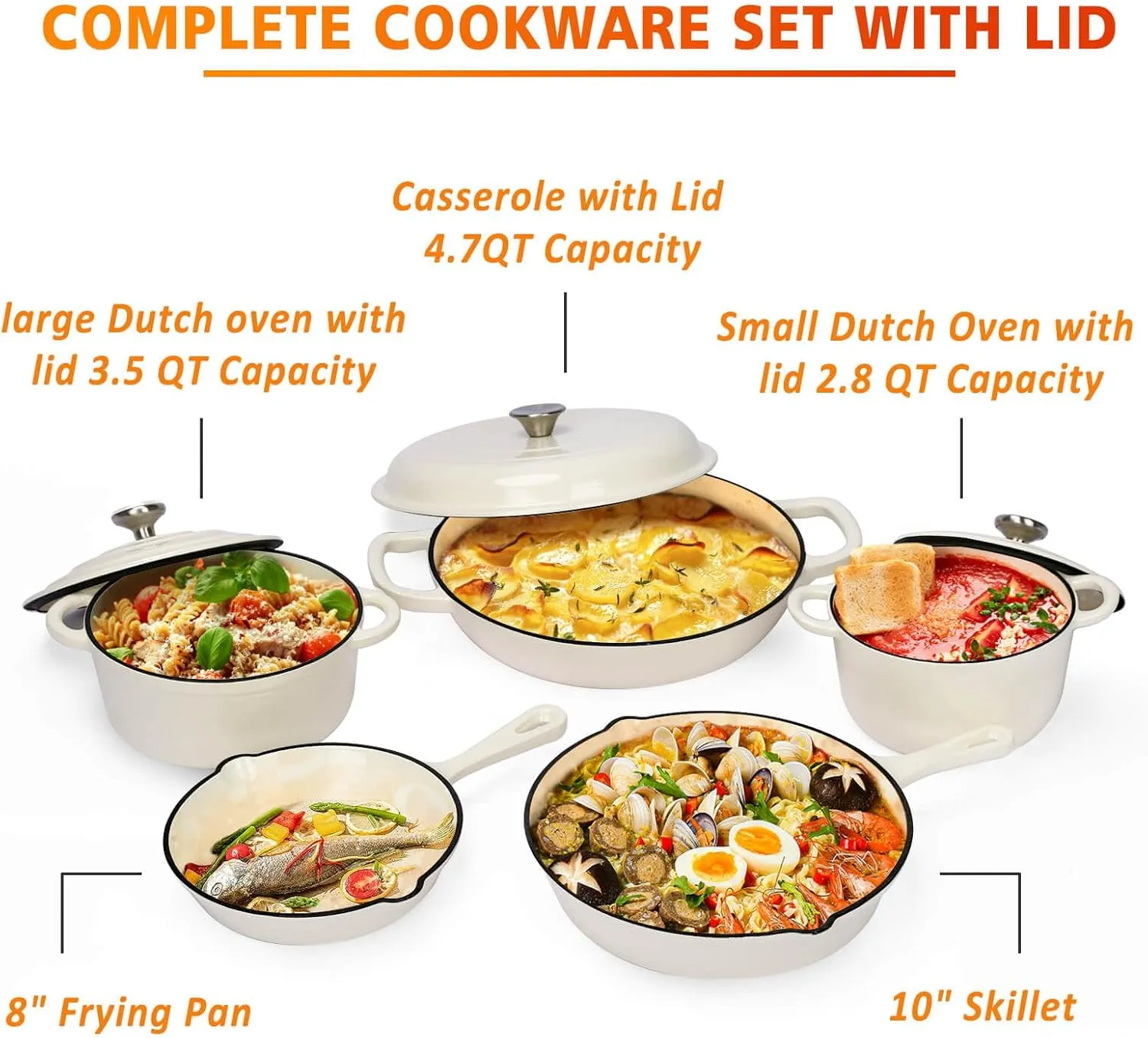 Hisencn Enameled Cast Iron Cookware Set, 8 Piece of Casserole, Dutch Ovens, Skillet and 3 Lids, Ceramic Coated Cast Iron Dutch Oven Set, Gas/Induction Compatible, PFA Free, with Pan Rack, Cream White