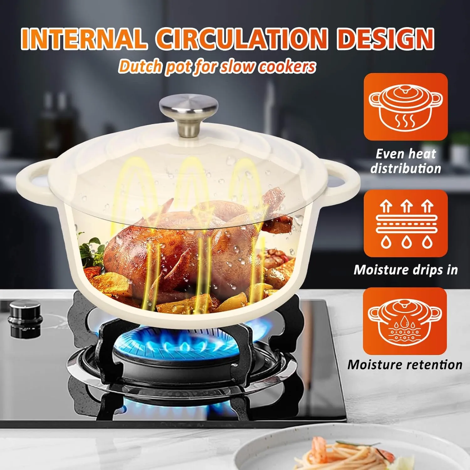 Hisencn Enameled Cast Iron Cookware Set, 8 Piece of Casserole, Dutch Ovens, Skillet and 3 Lids, Ceramic Coated Cast Iron Dutch Oven Set, Gas/Induction Compatible, PFA Free, with Pan Rack, Cream White