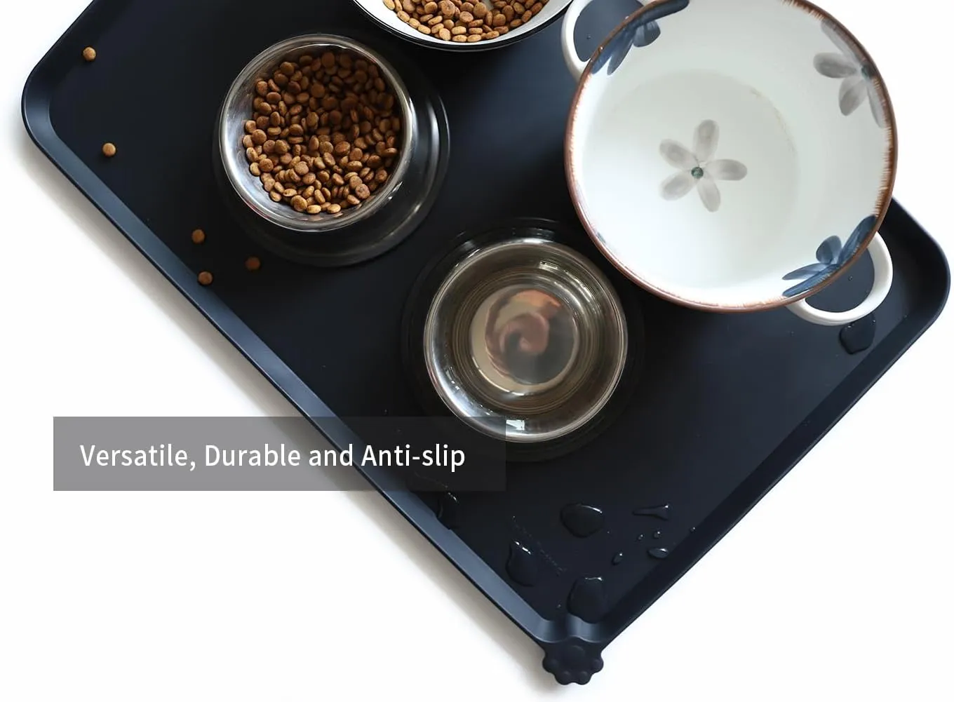 Hoki Large Silicone Pet Food Mats - Non Slip Pet Dog Cat Bowl Placemats - Feeding Mats for Floors - Waterproof - Black