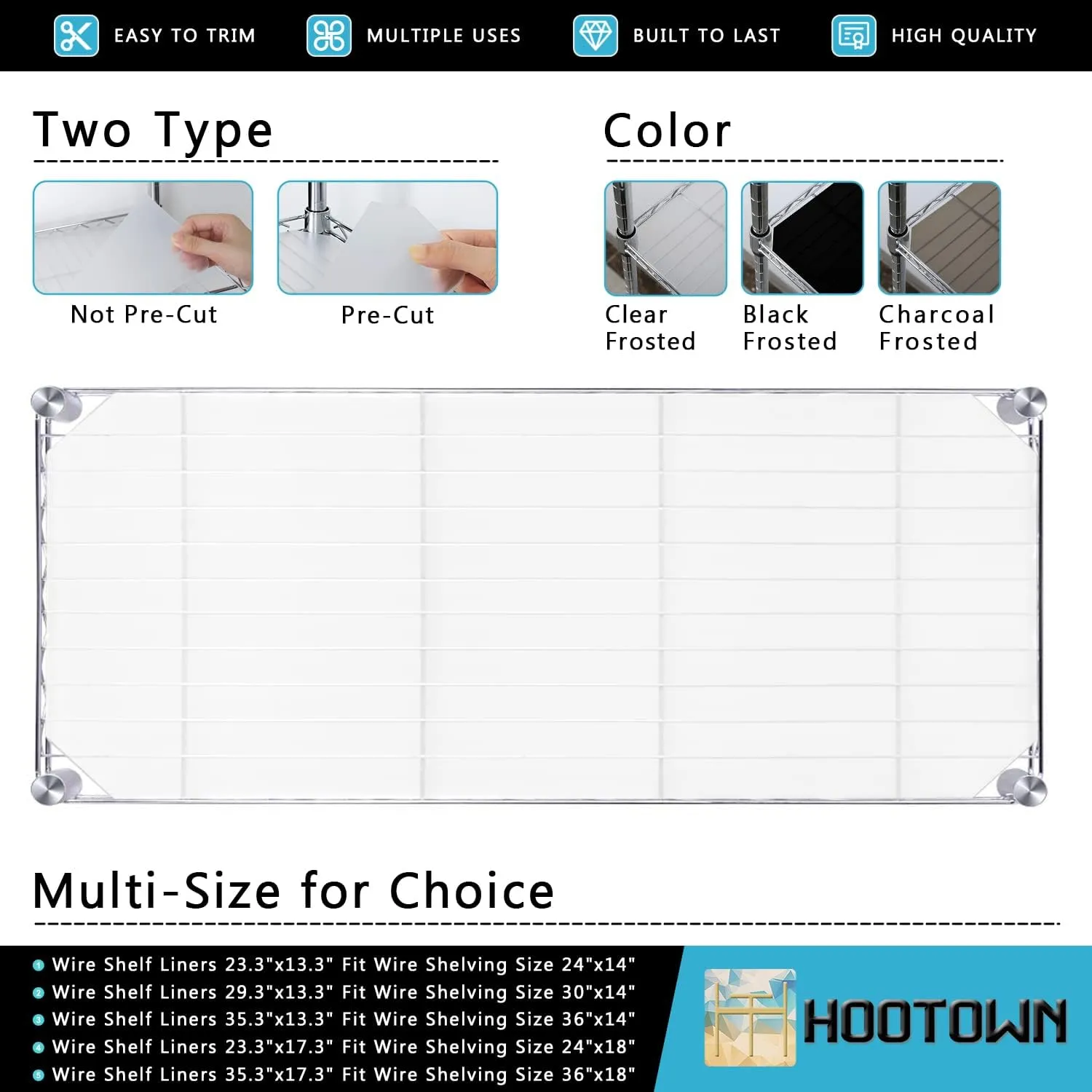 HooTown 5 Sheets Wire Shelf Liners Fit Wire Shelving Size 36 Inch x 14 Inch, Clear Frosted Hard Plastic Protector Mats for Metal Stainless Steel Garage, Cabinets, Kitchen Shelves, Shoe Rack