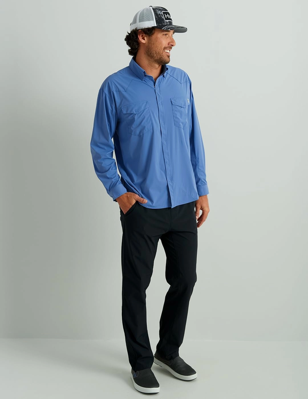 HUK Men's Diamond Back Solid Long Sleeve Button, Fishing Shirt