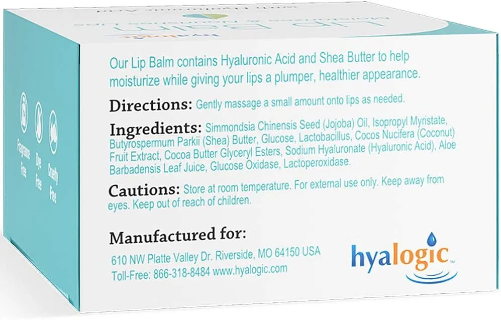 Hyalogic Episilk Hydrating Lip Balm w/Hyaluronic Acid 0.5oz (Pack of 3) - Natural Moisturizing HA for Plump, Healthy Lips - Gluten & Fragrance Free, Unflavored - No Parabens